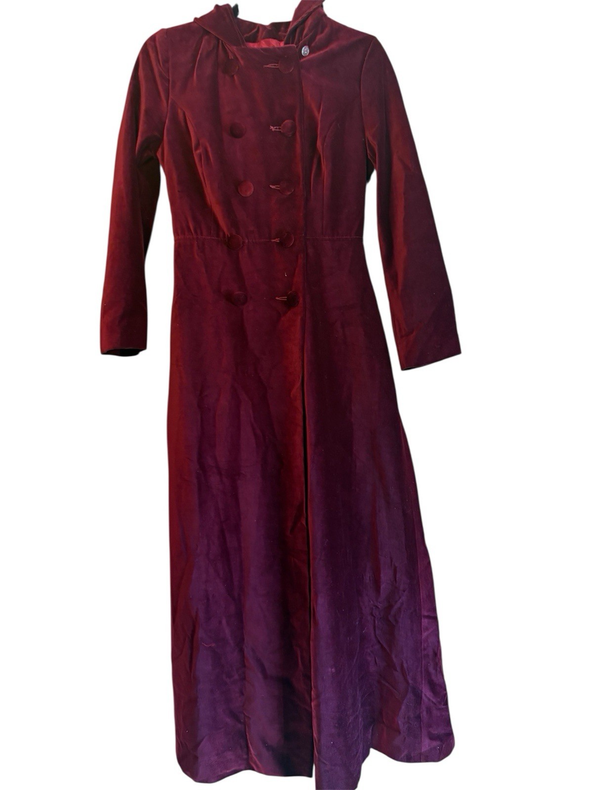Vtg 70s Burgundy Velvet Double Breasted Hooded Coat Womens Sz XS 34/28 Witchy