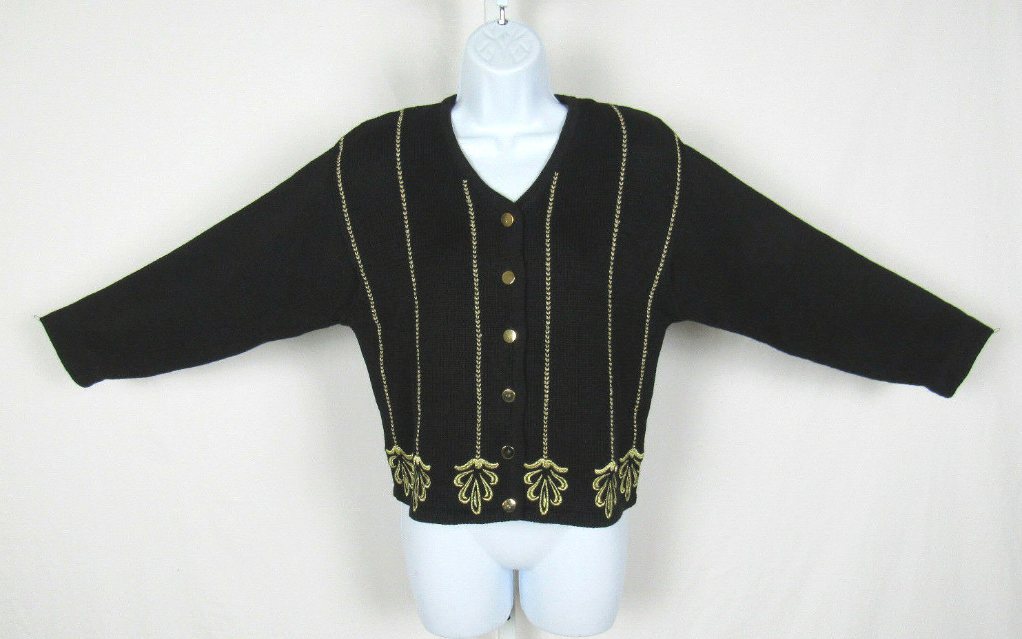 VTG 1980s LISE J. BLACK COTTON RAMIE MEDIUM GOLDEN EMBROIDERY GOLDEN BUTTONS