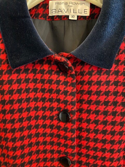 Vintage Rena Rowan for Saville Wool Jacket and Skirt Set Red Navy Houndstooth
