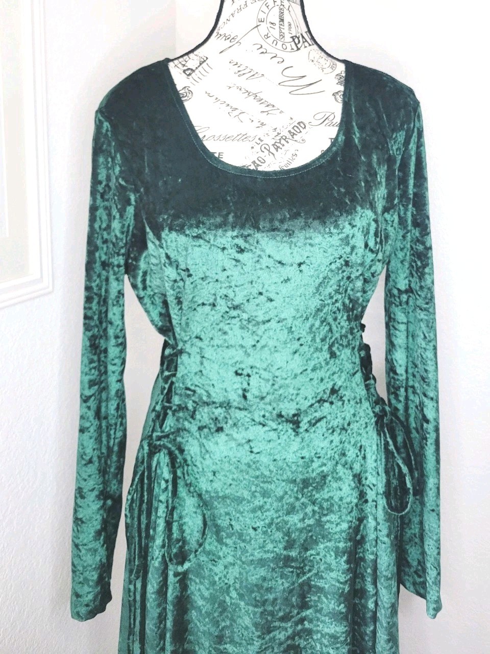 Vintage Crushed Velvet Emerald Green Maxi Dress Whimsygoth Lace Up Size Large