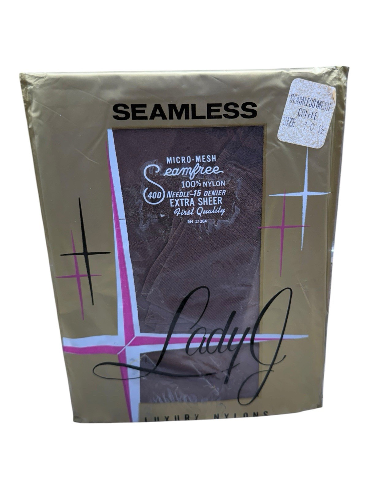 Vtg Lady J Seamless Micro Mesh Mesh Nylon Extra Sheer Stockings 10 1/2 Coffee