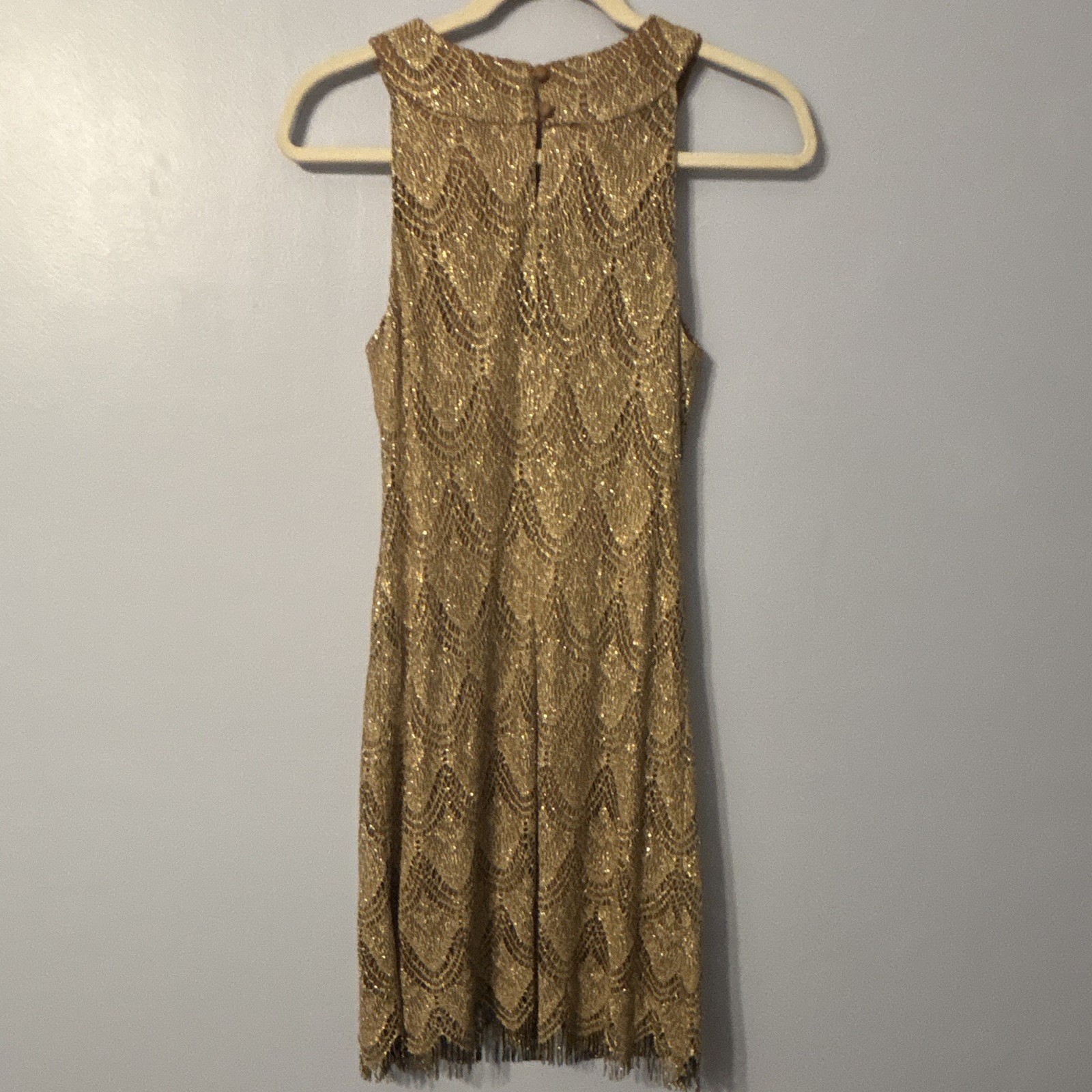 Vintage S. L. Fashions Gold Metallic Lace Shift Fringe Hem Knee Dress Size 6