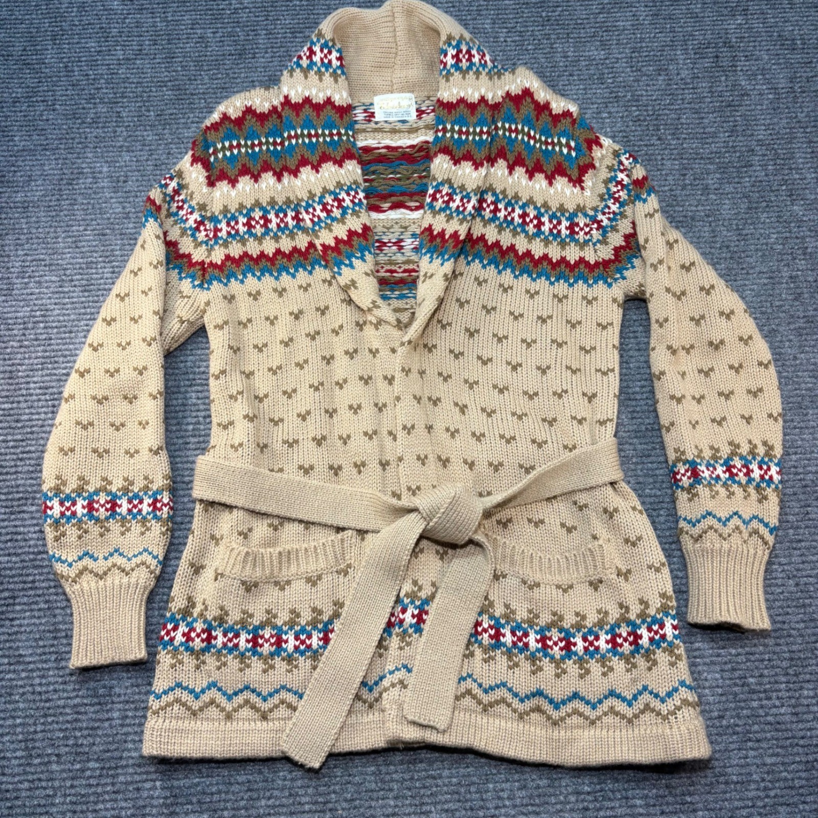 Vintage Exclusive Imports Fair Isle Belted Shawl Cardigan Beige Red Blue Medium