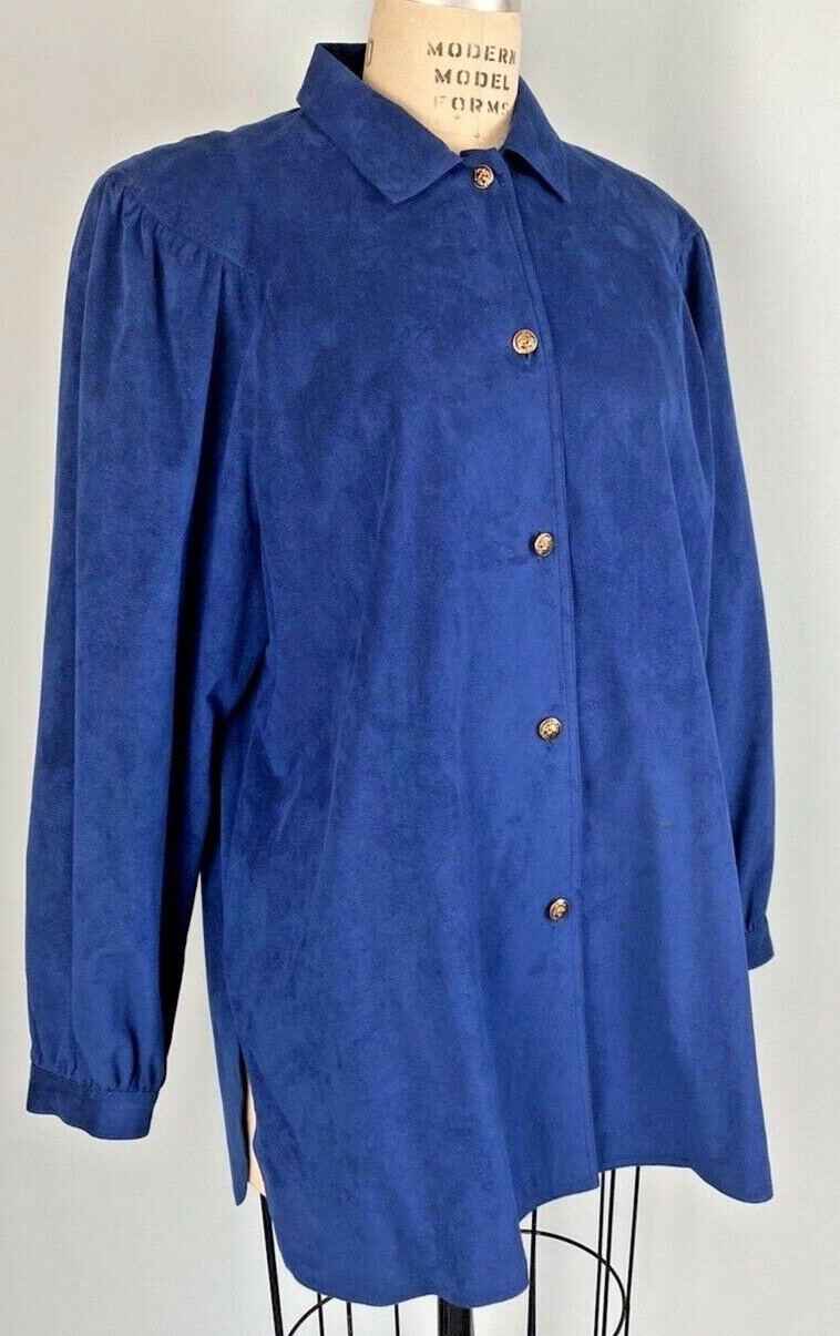 VINTAGE Womens Blouse LARGE Faux suede smock tunic DA RUE BLUE 80S 90 cottage