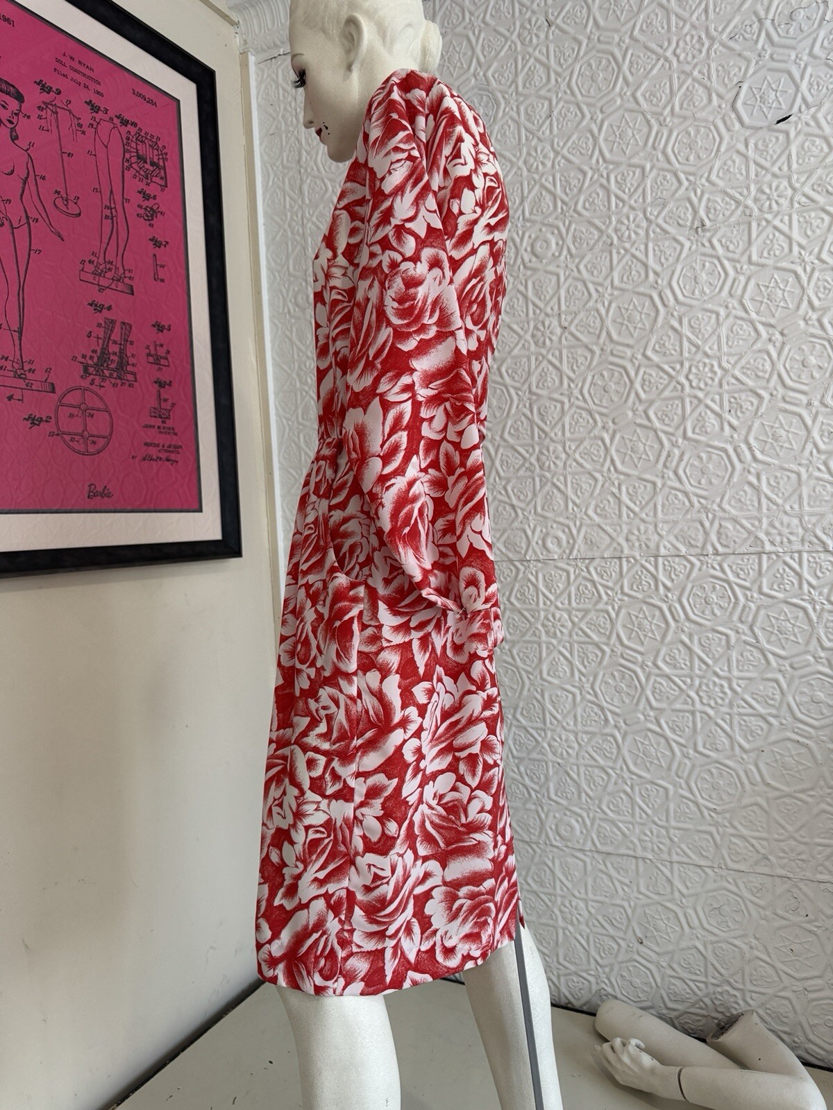 Vintage Dress 1980s Rose Print-romantic-Red-white-Daydress-floral-Small/medium