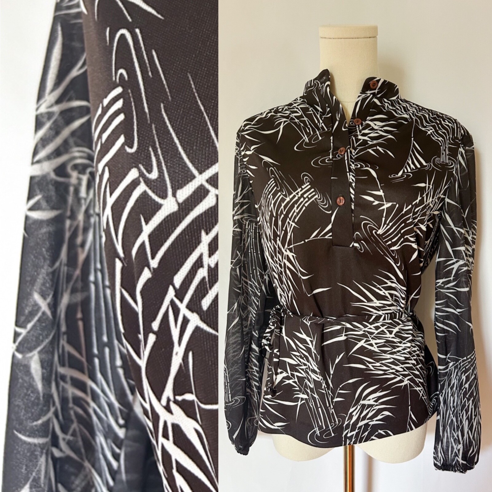 Vintage 70s Retro Brown Bamboo Print Top with Sheer Sleeves and Tie Waist SM