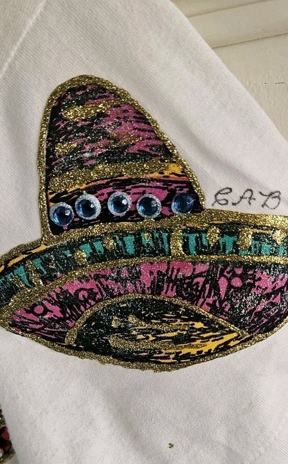 VTG Screen Stars Best Mexican Applique Gem Bead Sombero White Sz L Signed CAB