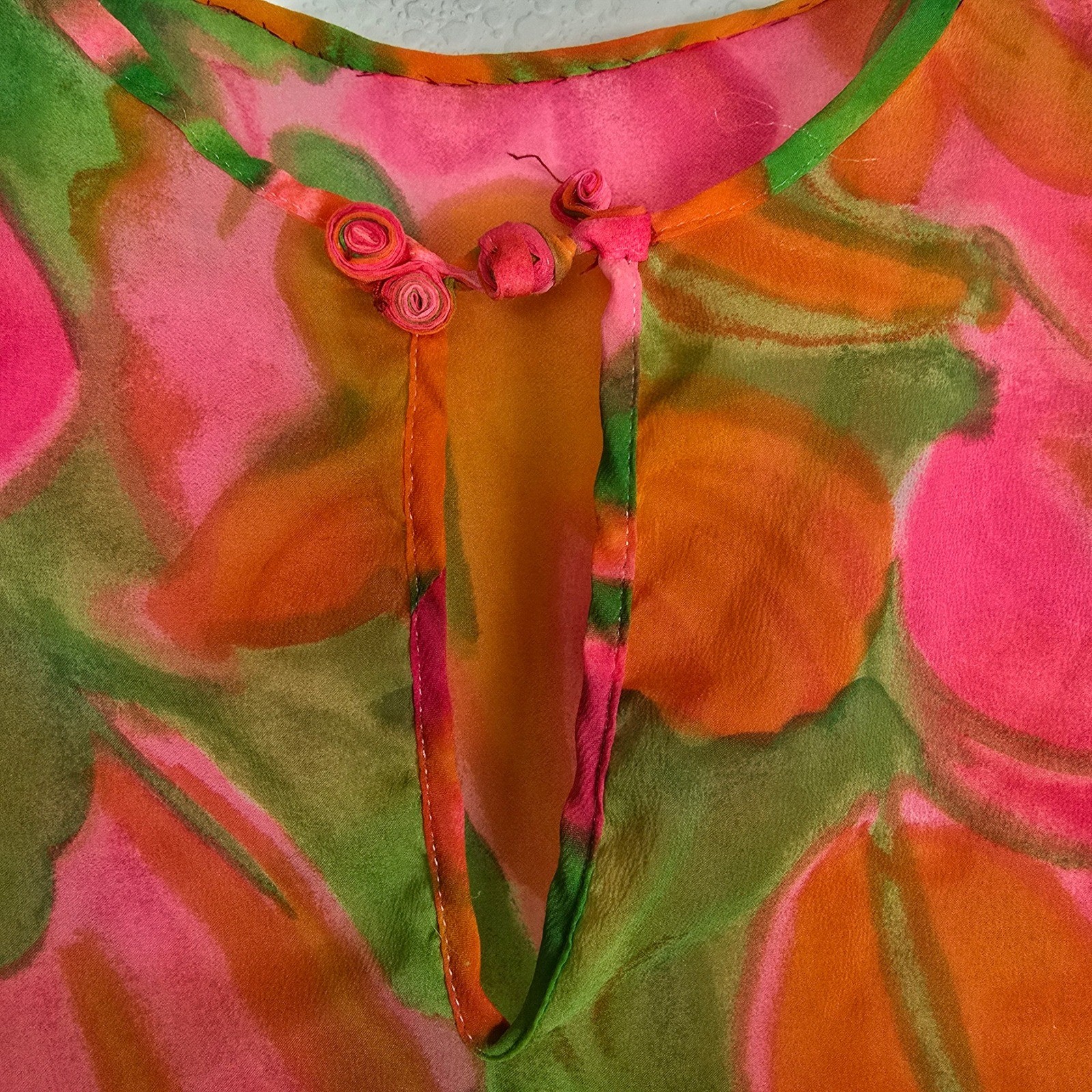 VTG 70s Georgie Keyloun Floral Caftan Dress Sheer Neon Pink Orange ILGWU READ