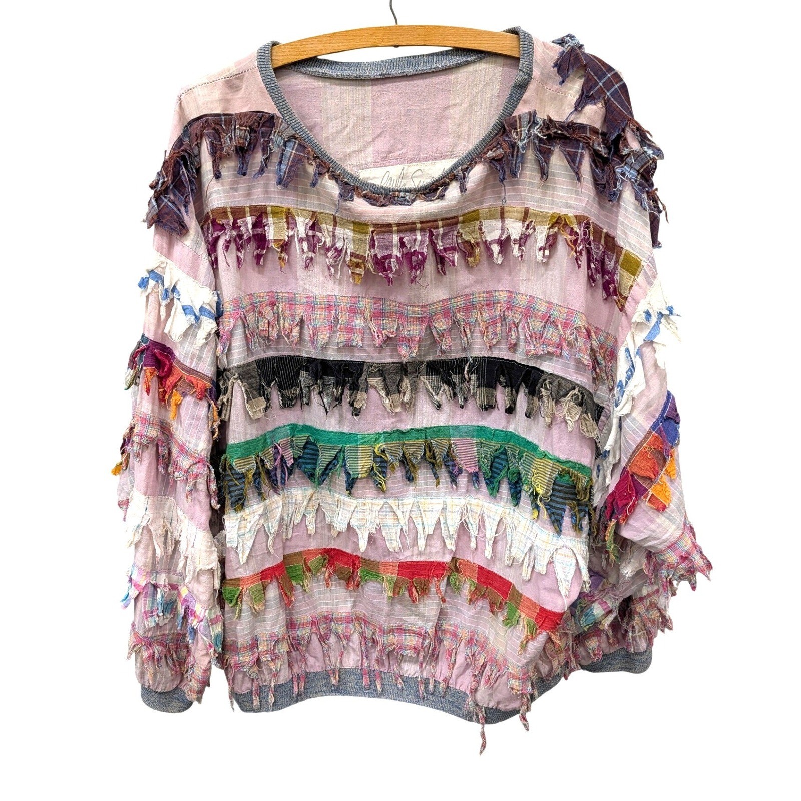 Paula Sweet Muslin Mink Shredded Fringe Top Multi Color Lagenlook Art to Wear- L
