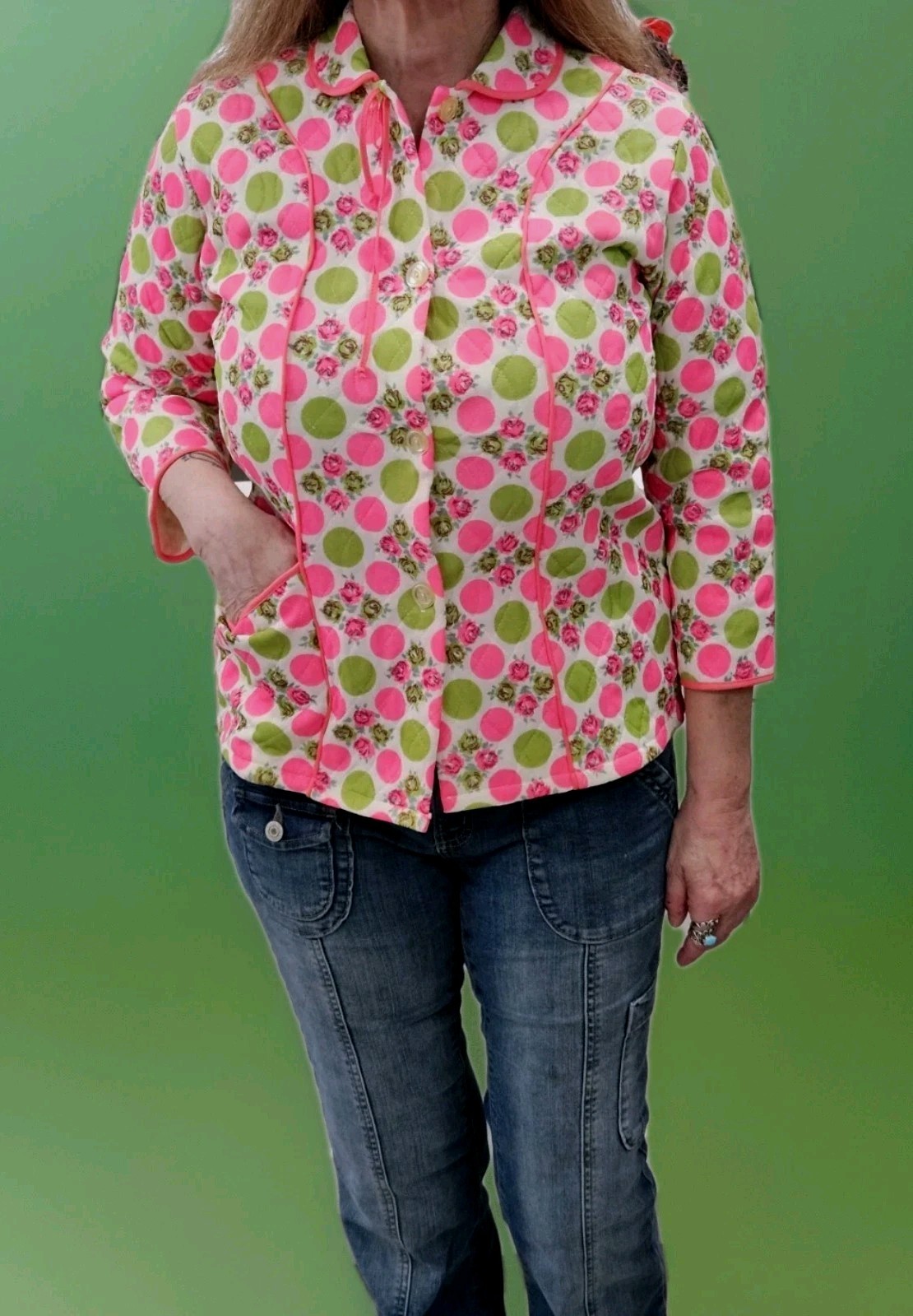 Mod 60s Apple Green Day Glo Pink Acetate MCM Bed Jacket S/M