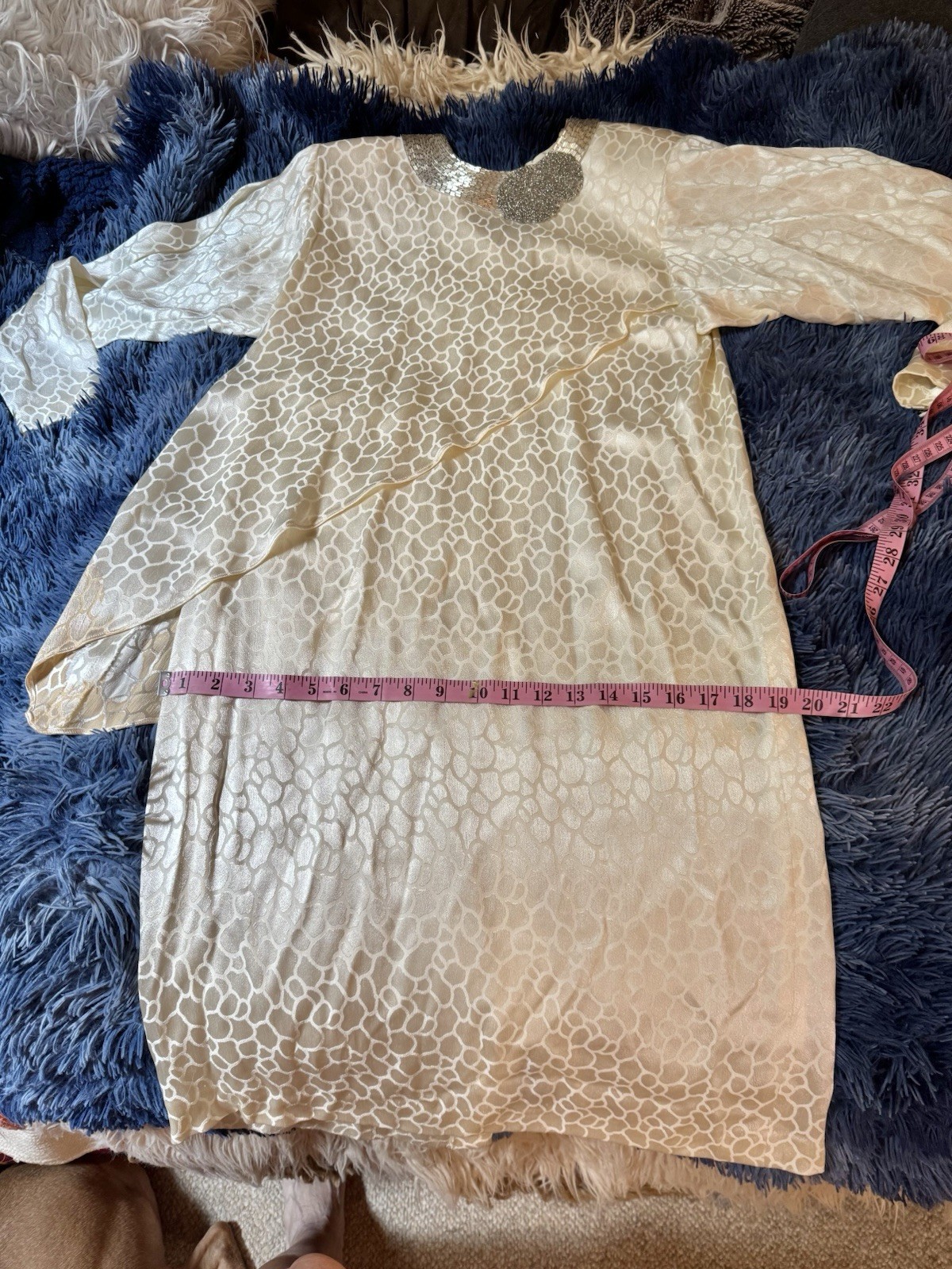 Vtg A J Bari Isaacson’s Ivory Off White Leopard Beaded Neckline Shoulder Dress
