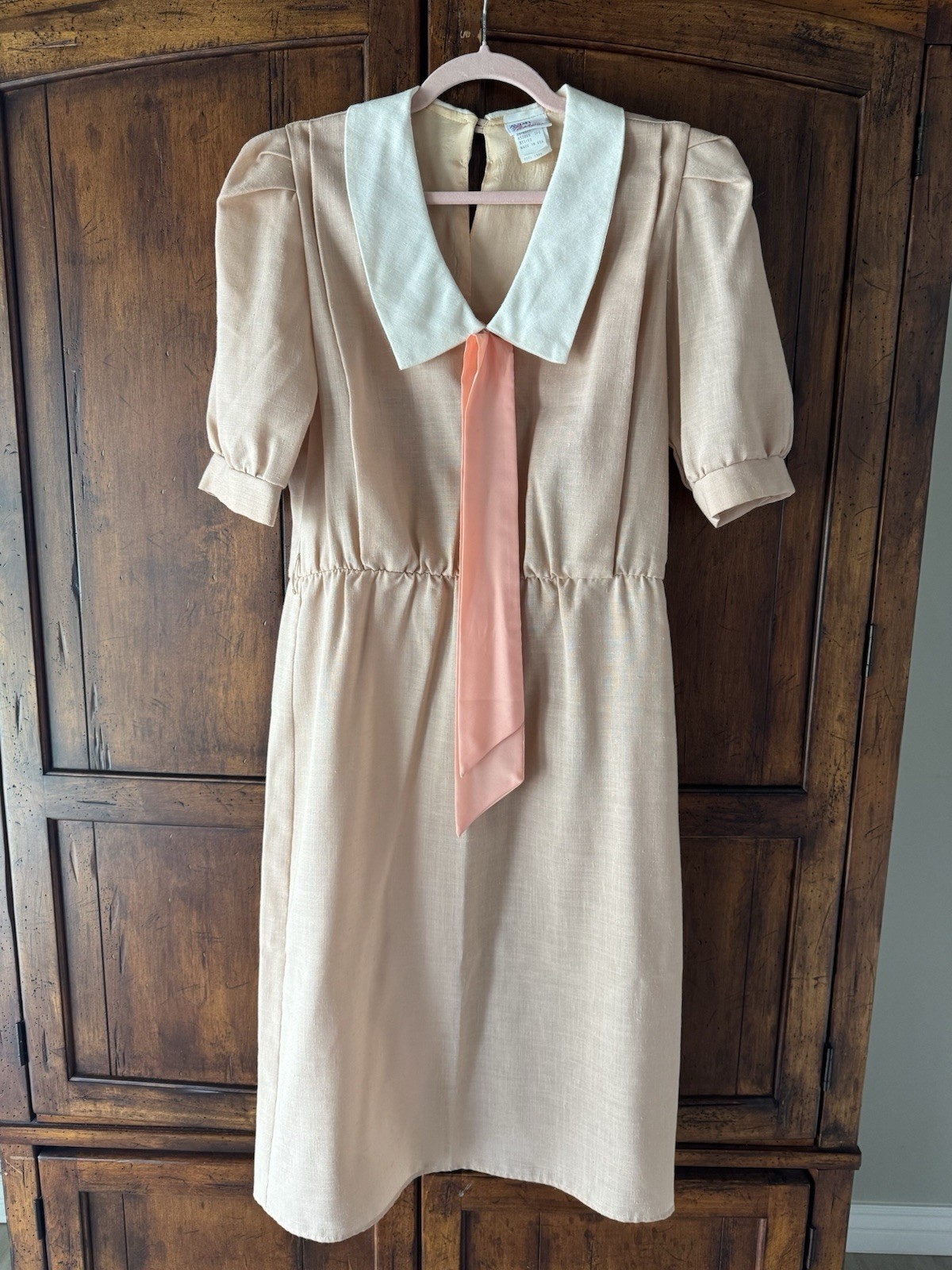Vintage Avon Fashions Oatmeal Beige Midi Dress White Sailor Collar & Peach Bow