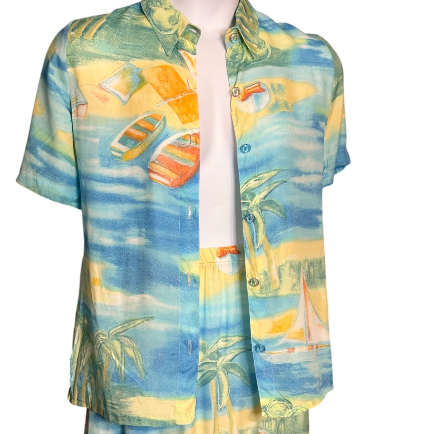 Vintage 90s Aloha Rayon Skirt Set Beach Scenic Print Outfit Cruise USA Size L