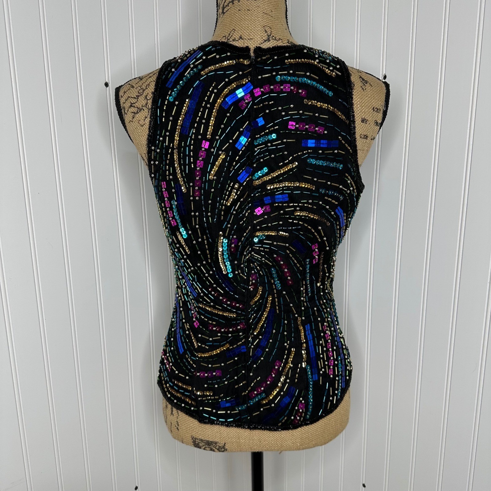 Laurence Kazar Black Silk Beaded Sequin Swirl Sleeveless Top Vintage Glam Sz M