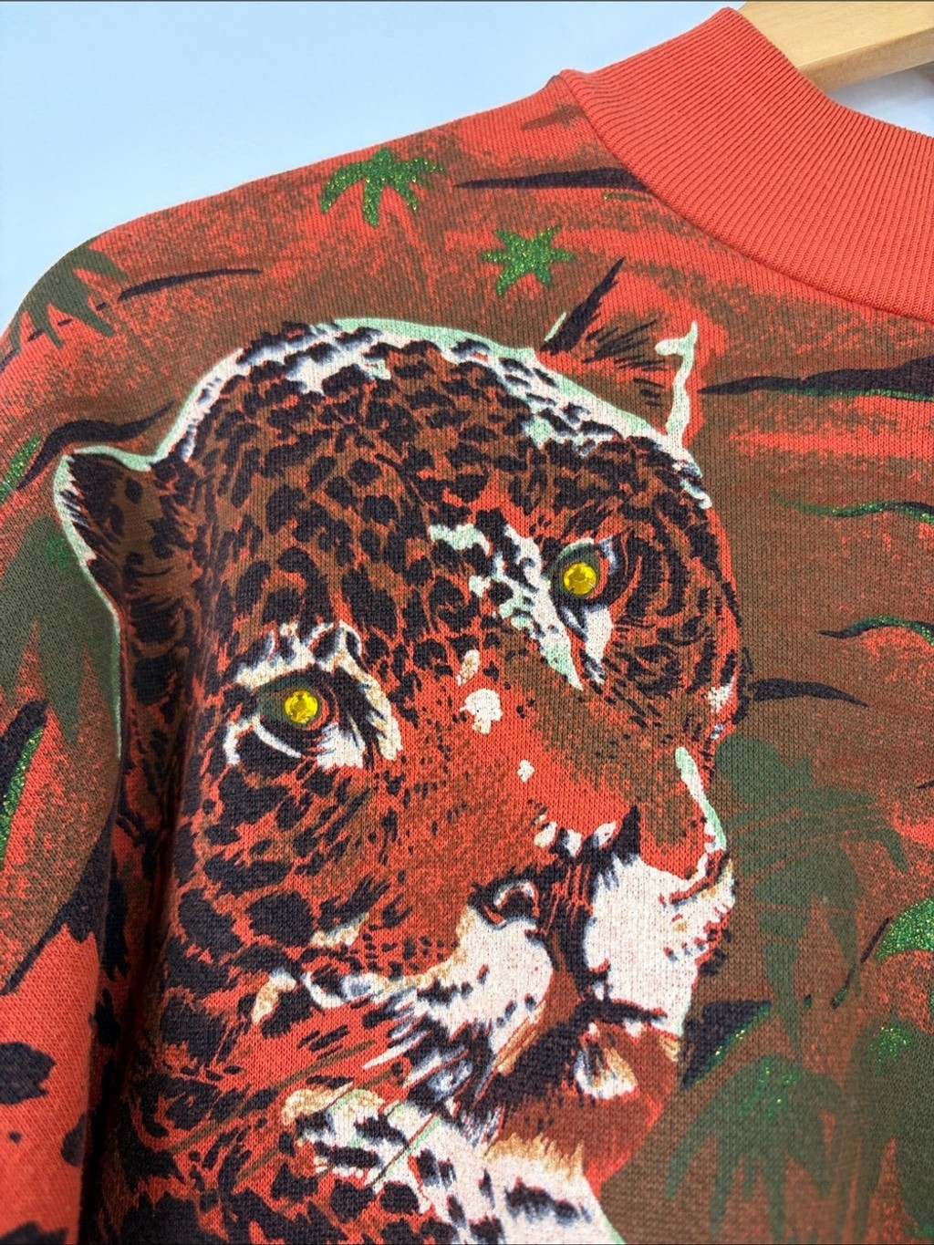 Vintage Sweatshirt Womens Small Orange Tiger Print Green Glitter 80s Loose Fit
