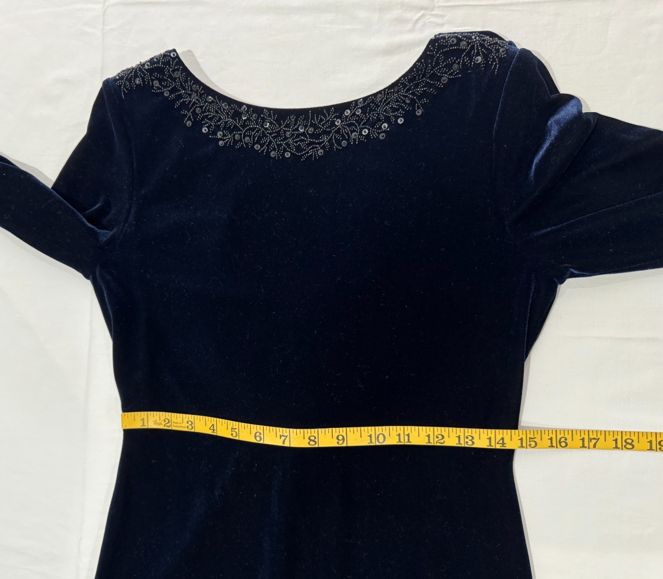 90s Midnight Blue Velvet Maxi Dress Evening Beaded Drape Back 8 Lawrence Kurtz