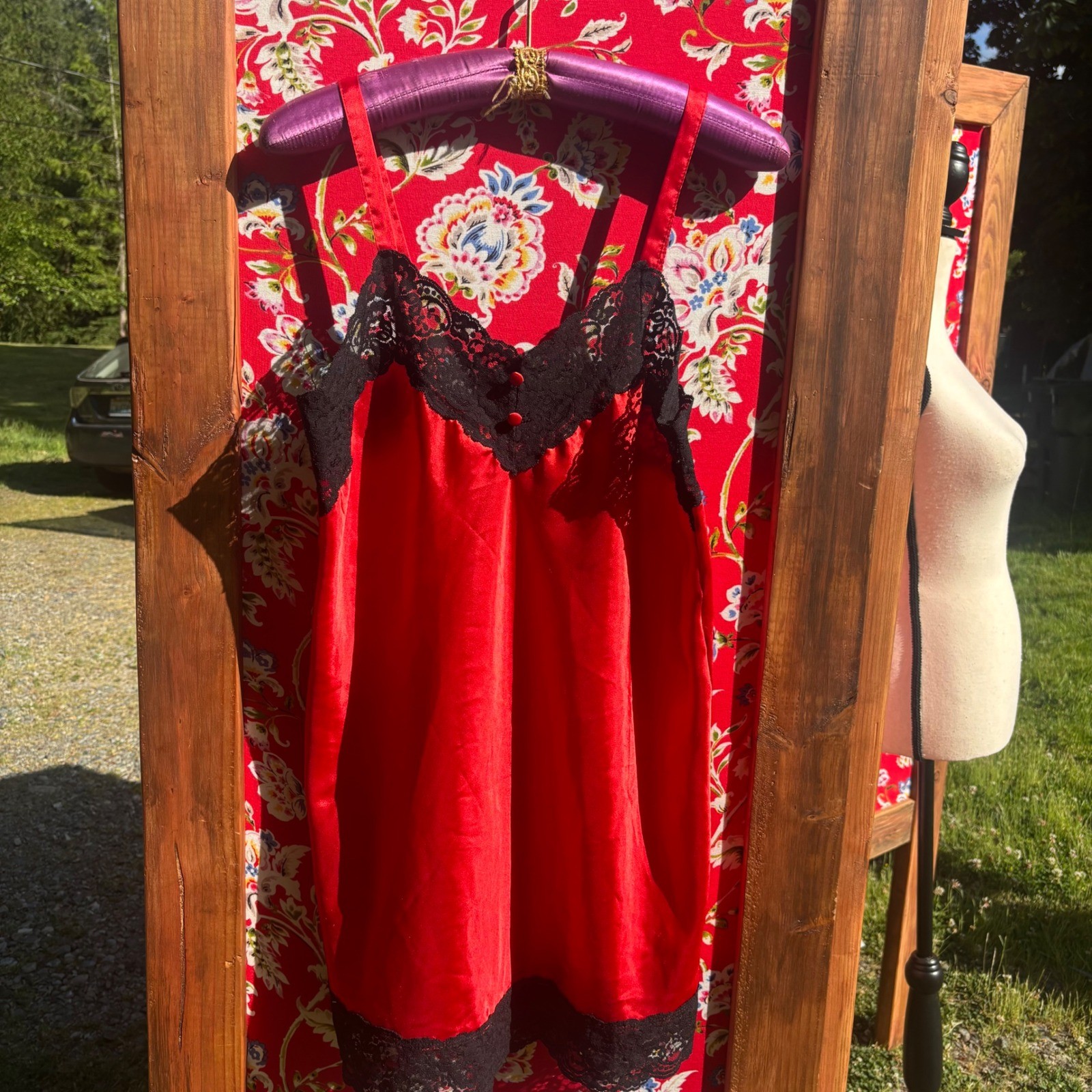 VTG Red Satin Back Lace Trim Lingerie Mini Slip Dress Romantic Goth Size M