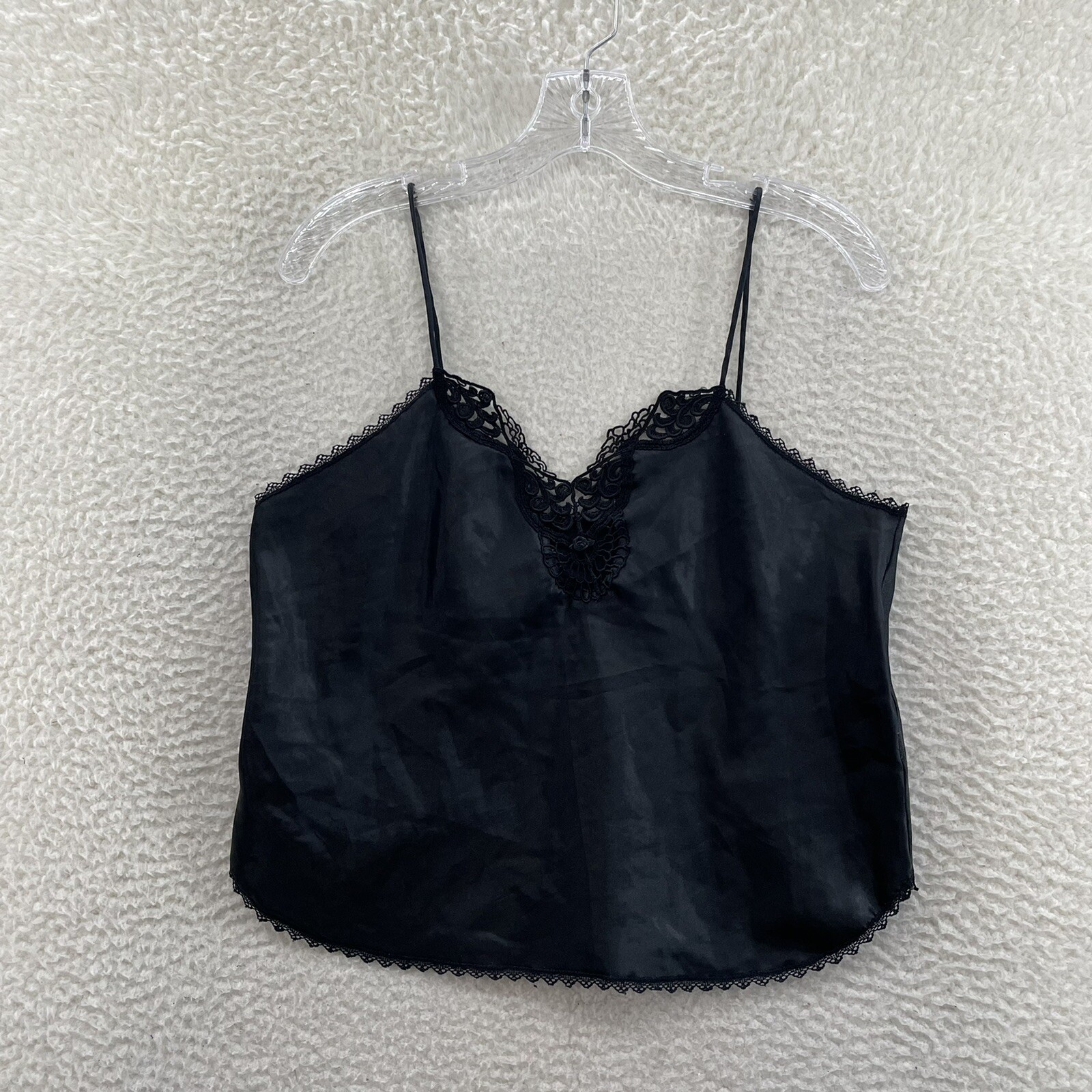 90s Vintage Camisole Top Large Black Satin Embroidered Lingerie