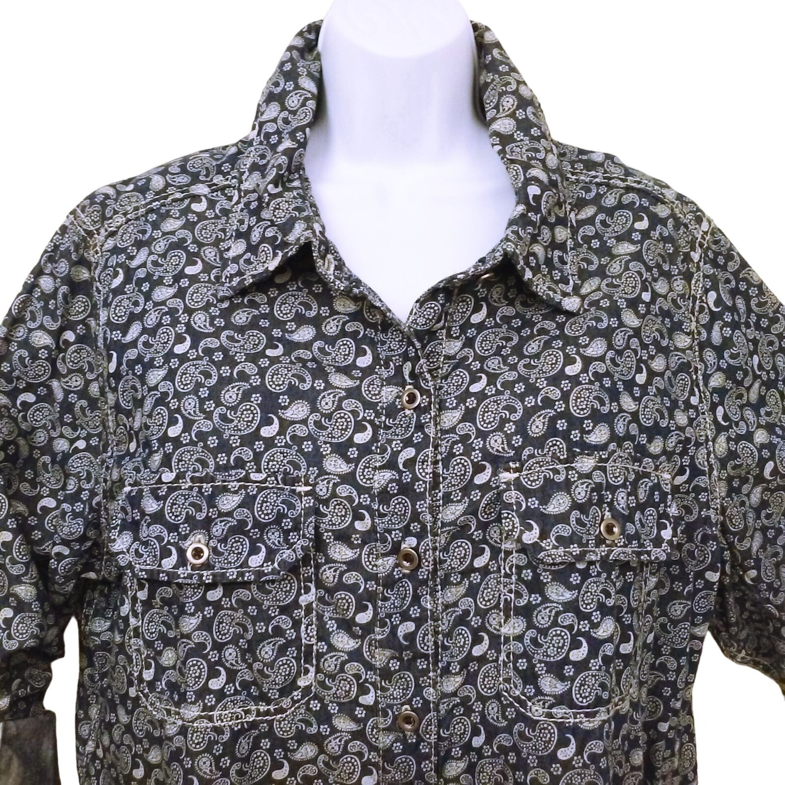 Seven7 Luxe Top Shirt Plus(18/20) Paisley Chambray Cotton Pockets Button-up Navy