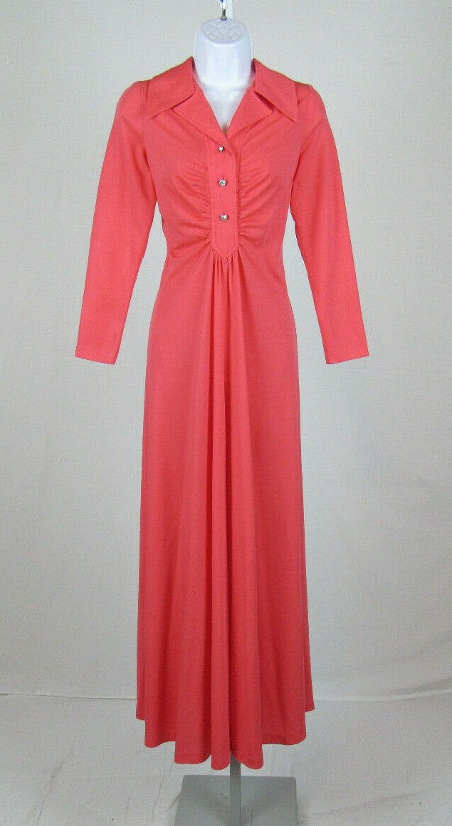 VTG 1960s JULIE MILLER OF CALIFORNIA MANDARIN DRESS CRYSTAL BUTTONS GATHERS