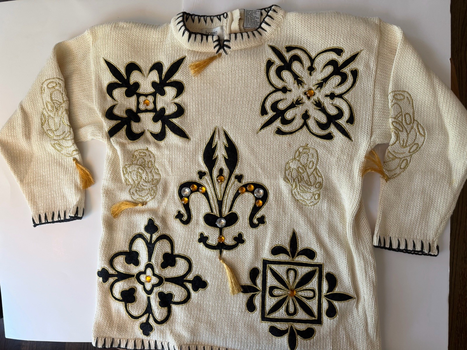 Vintage Bonnie & Bill Sweater S Cream Fleur De Lis Knit Embroidered Tassel 80s