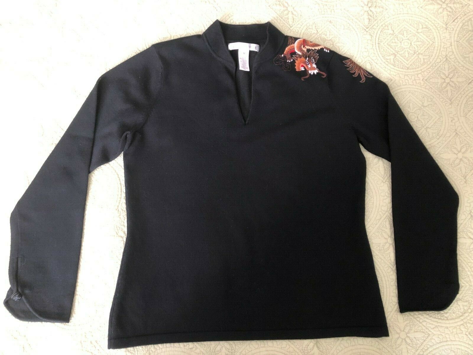 EUC Vintage BALLINGER GOLD Black sz M Shirt Top Asian Details Embroidered Dragon