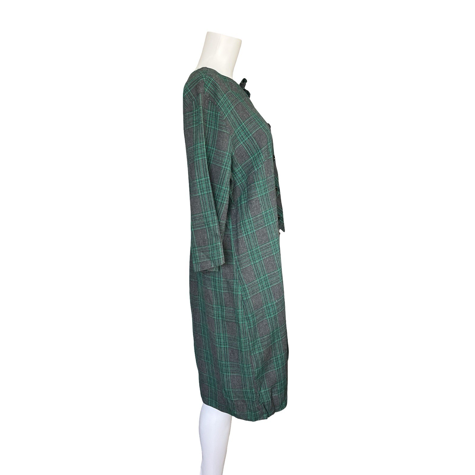 Vintage 60s Gray and Green Plaid Shift Dress Classic Buttons