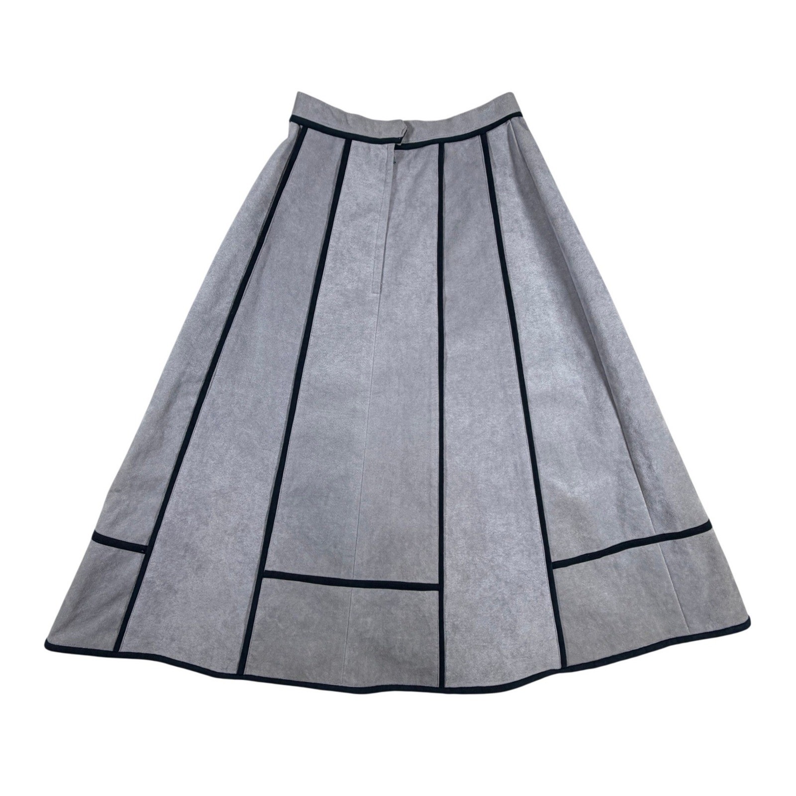 By Clarissa Vintage Ultra Suede Gray A-Line Midi Skirt Black Piping Size 6