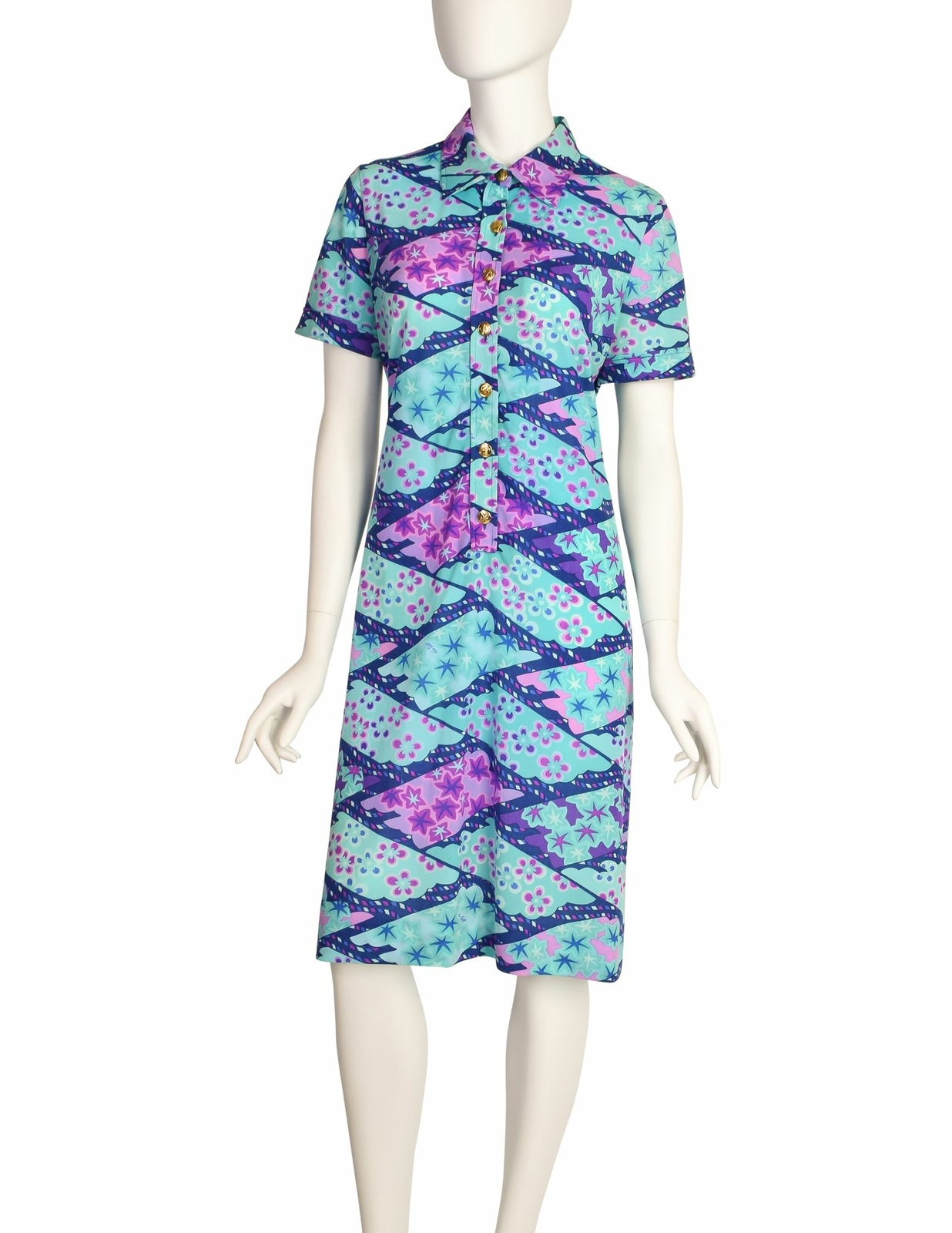 Ken Scott Vintage 1970s Blue Purple Seafoam Aqua Floral Star Print Shirt Dress