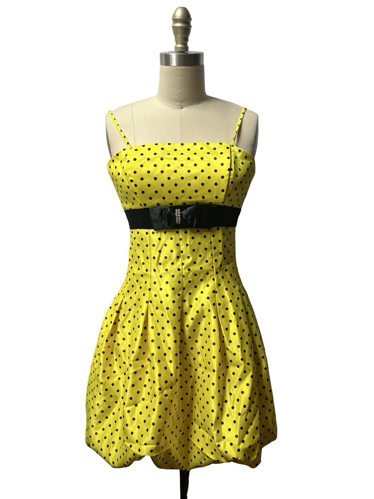 Vtg 90s Yellow Polka Dot Prom Party Dress Bubble Hem Cocktail Evening Mini Retro