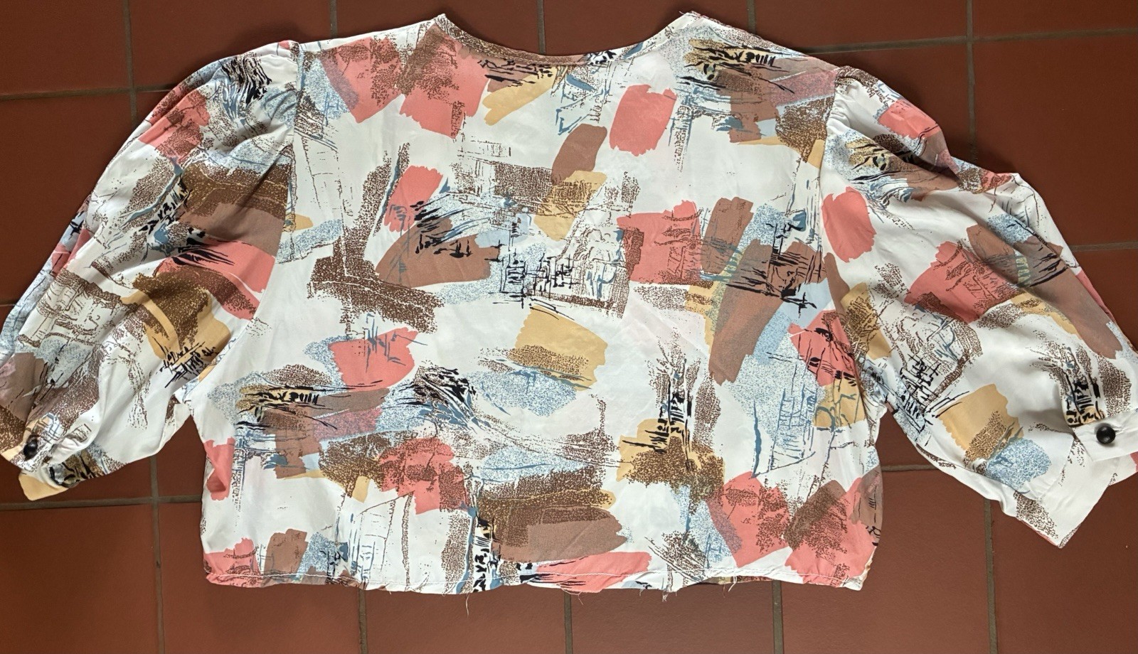 Vintage 80s Abstract Crop Top Puff Sleeve Made in West Germany size Large