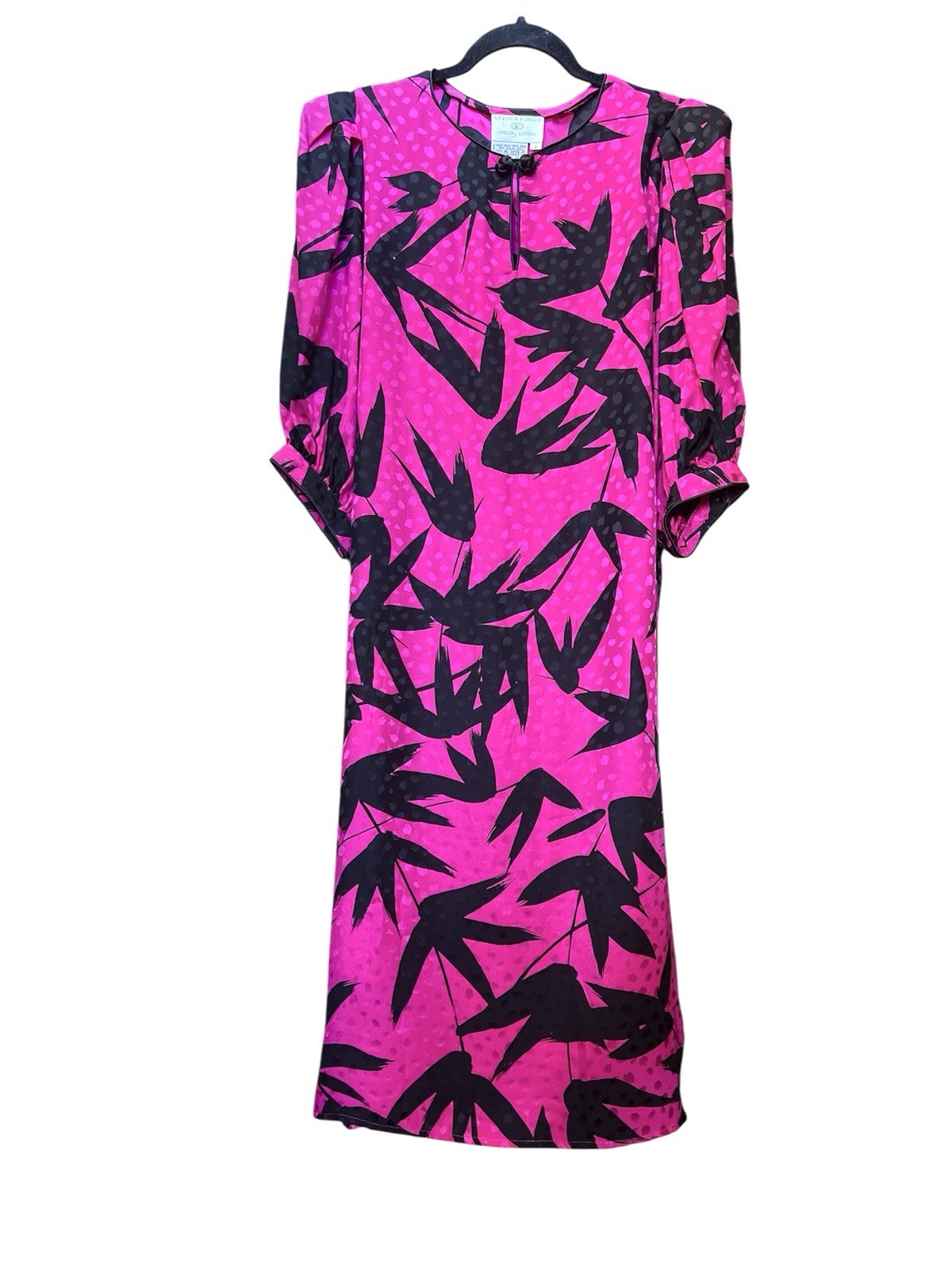 VTG 80s 100% Silk Flora Kung Dress Sz 8 M HotPink Fushia Black Floral Leaf Print