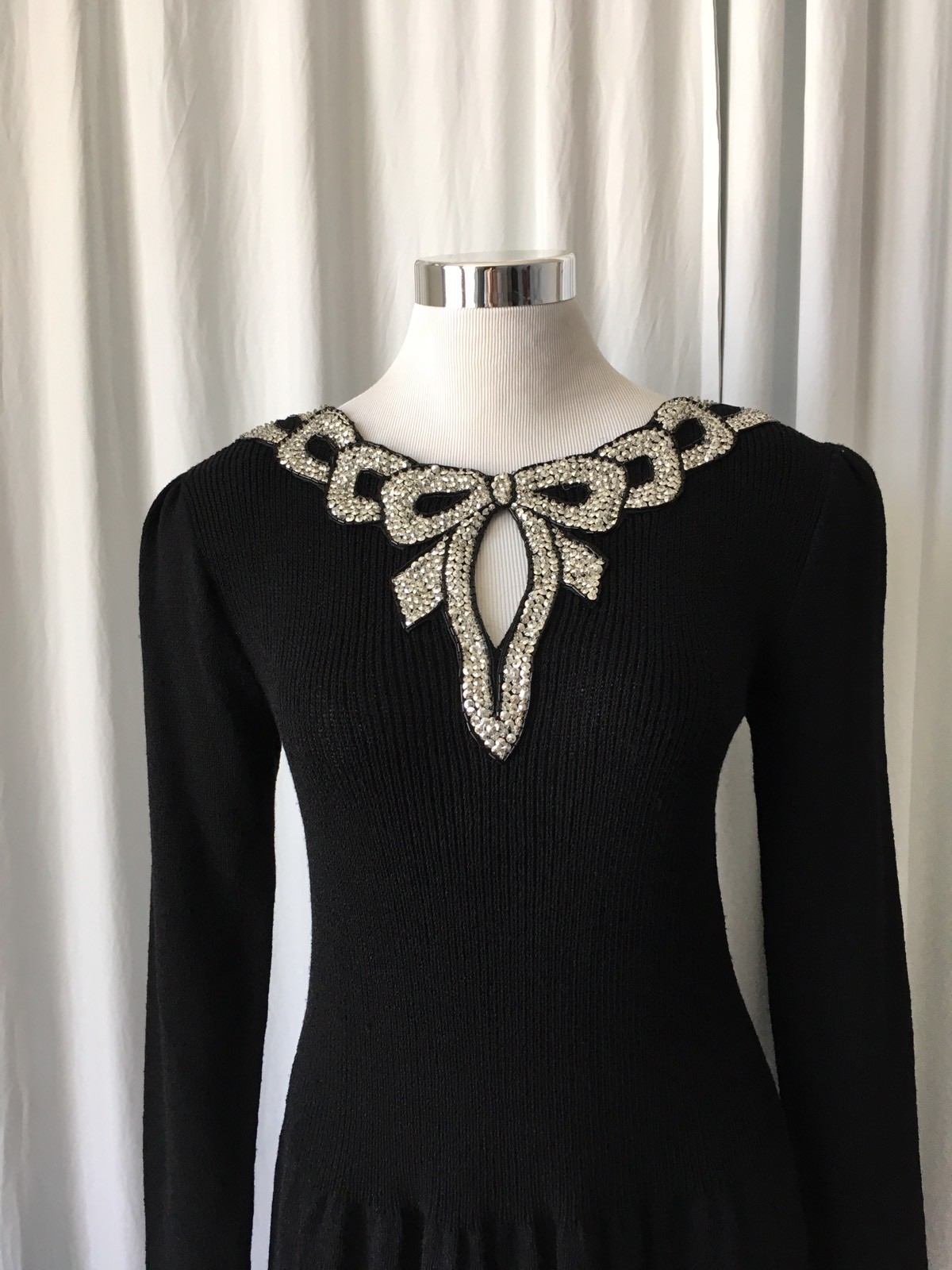 Vintage 70s DON SAYRES Knit black Dress Sequins Bow Bib S/M