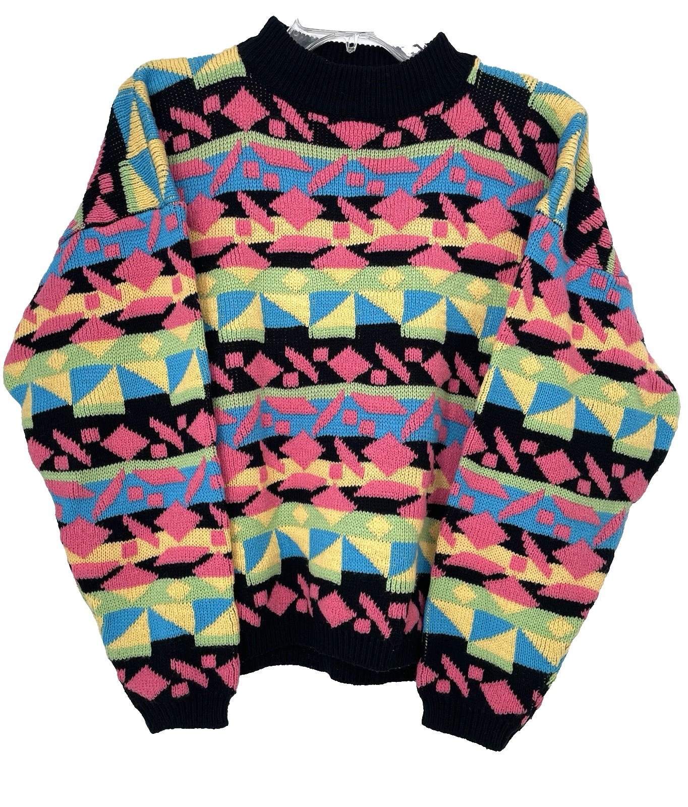 VTG 1980s Rainbow Geometric Oversized Slouchy Retro Mock Neck Knit Sweater med