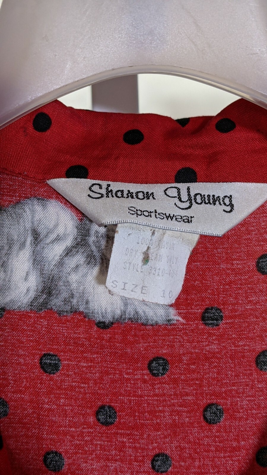 Sharon Young Vintage 80s Rayon Loopneck Dog Red Polkadot RockabillyShirt 10 USA
