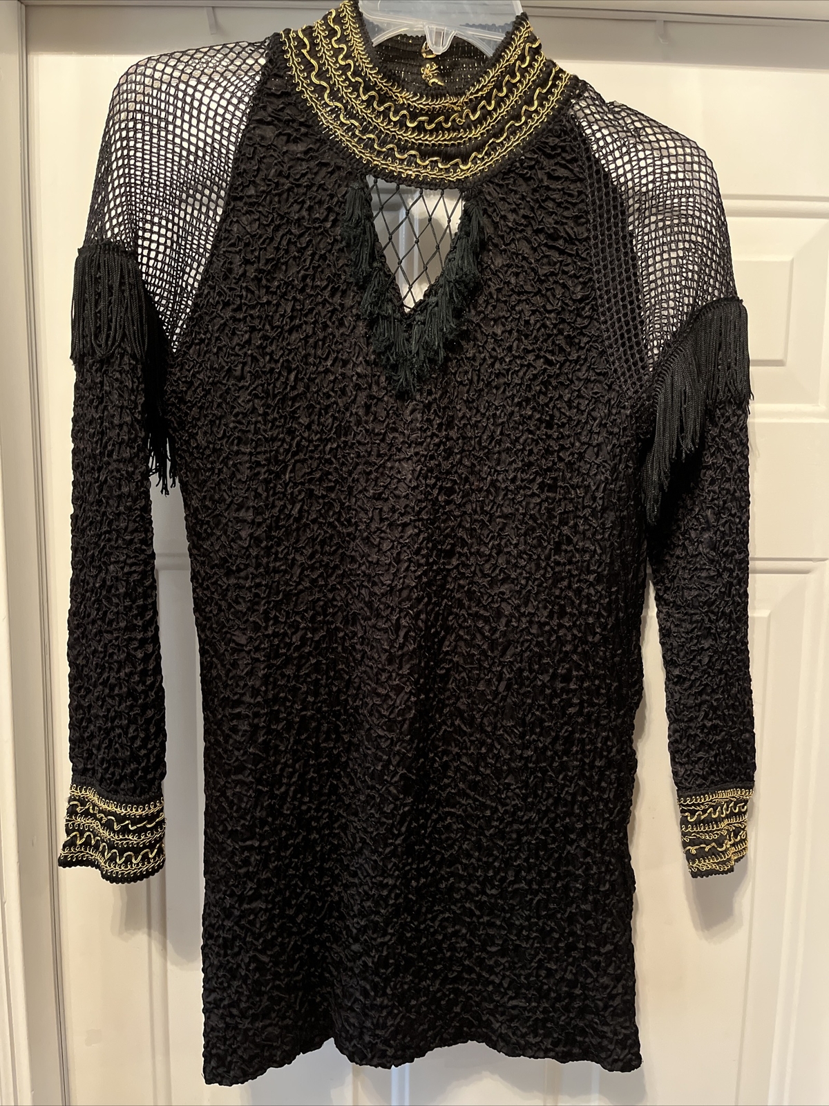 Vintage Made in NY 4-U Design Term Black Fringe Short Stretch Dress Size S/M?