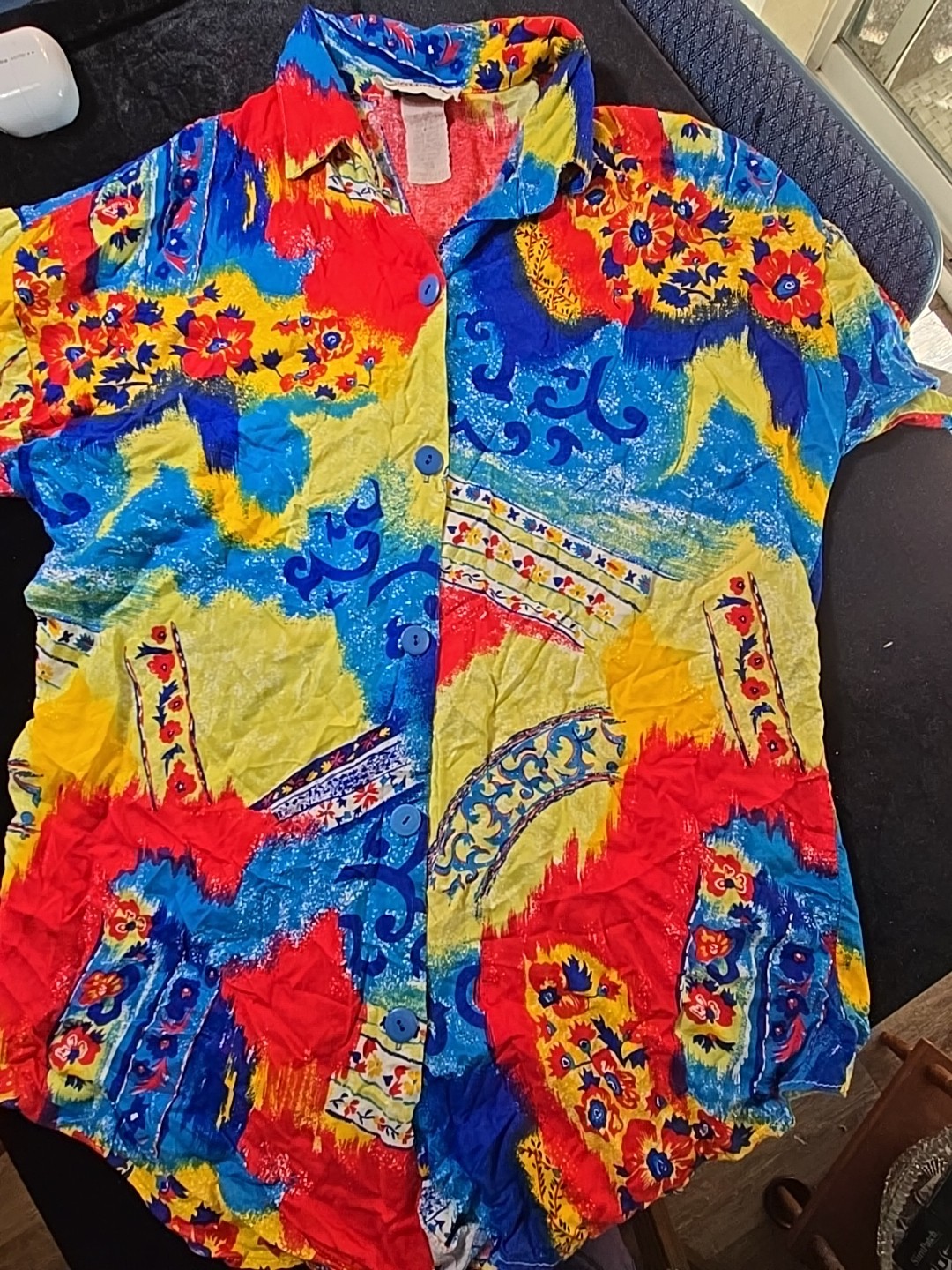 California Connection Woman’s Bright Multi Color Tropical Shirt Size LT Vintage