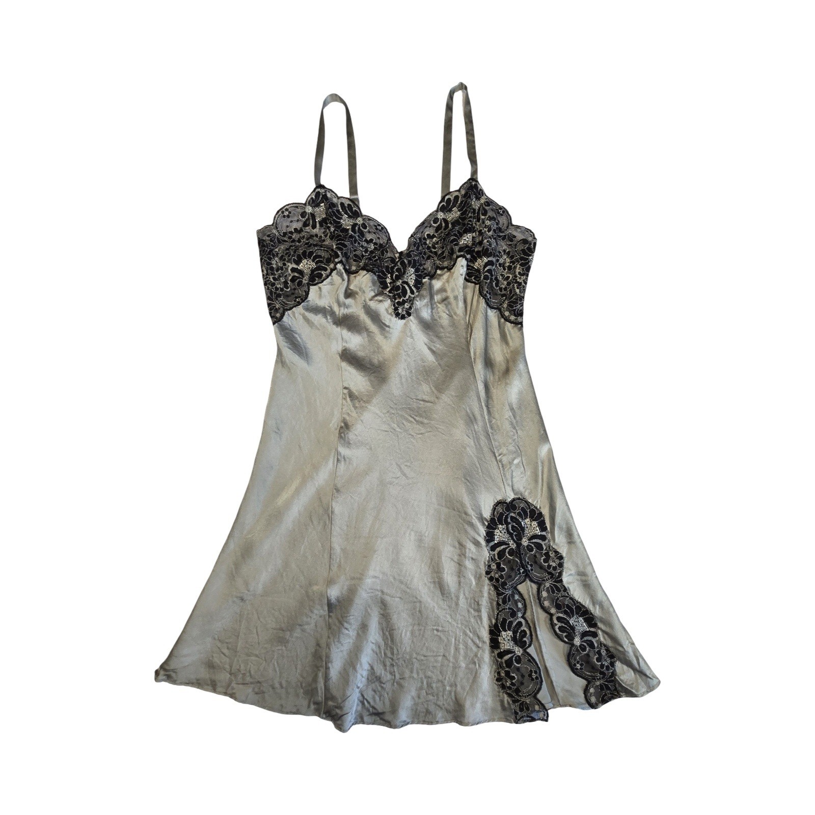 VTG 90s gray silk black lace Victorias Secret slip dress lingerie / gold label
