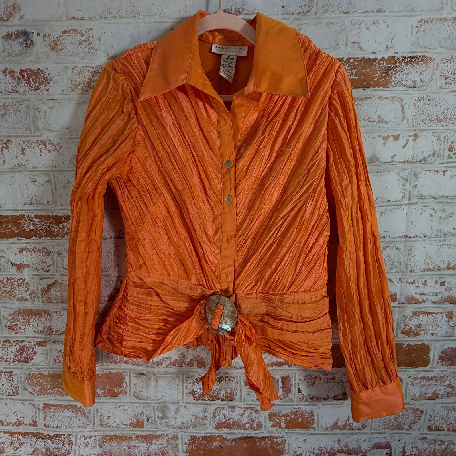 Jackie Jon Blouse Women 8 Orange Excellent Vintage Crinkle Buckle Tie Front Top