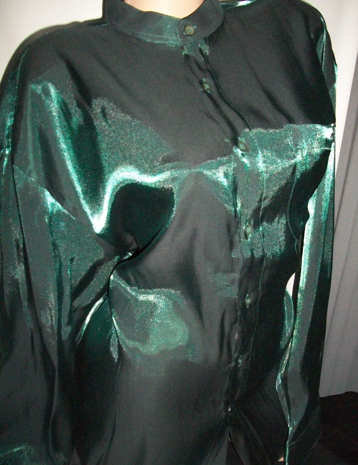 Vtg Green Rayon Button Blouse Shirt Top L