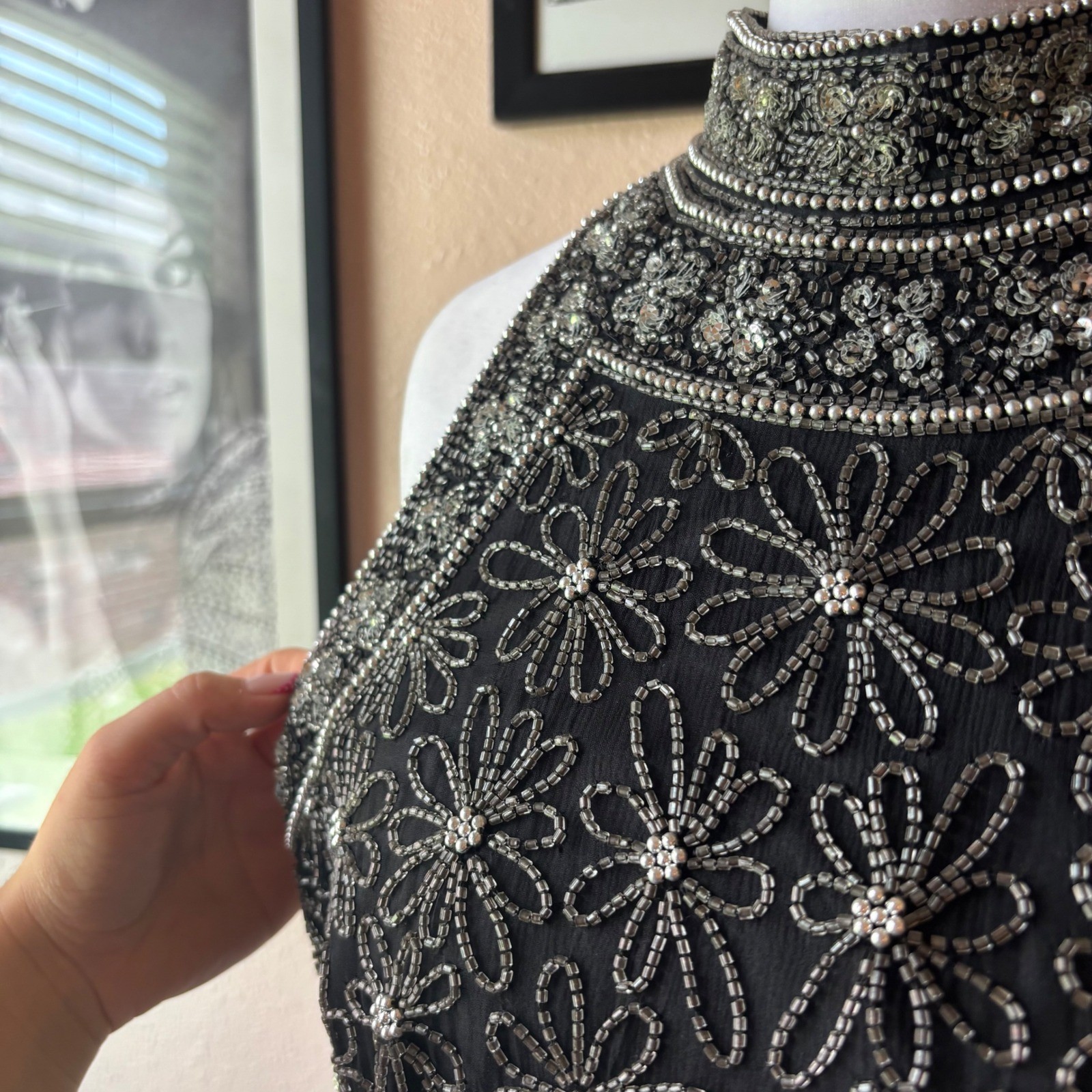 Vintage Papell Boutique Silk Beaded High Neck Blouse