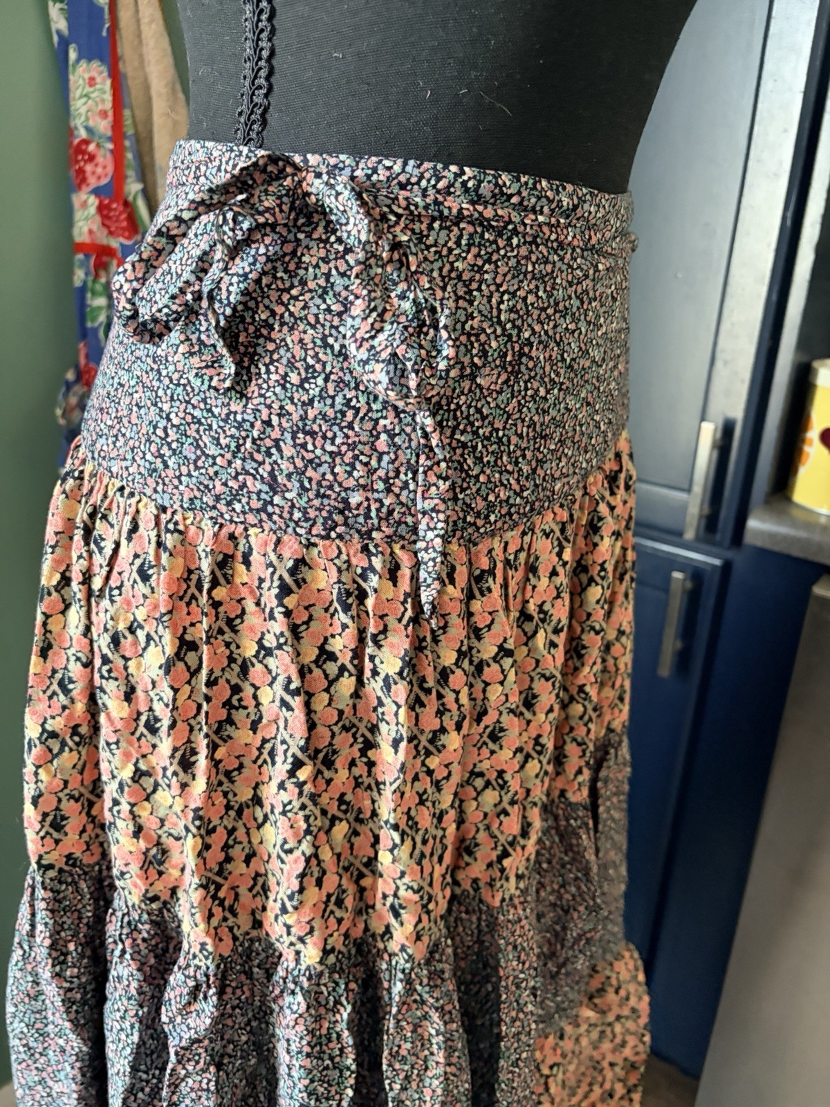 Vintage 70’s Adini Rayon Midi Skirt with floral print in peach and gray, size S