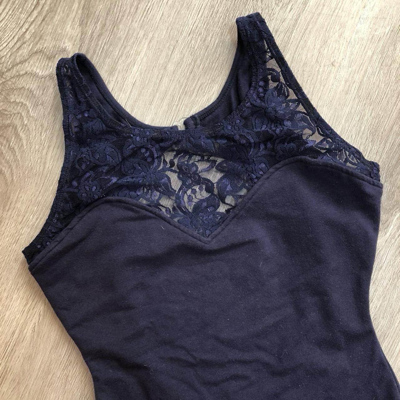 Vintage 90s Navy Jersey Lace Neck High Cut Swimsuit Bodysuit Medium