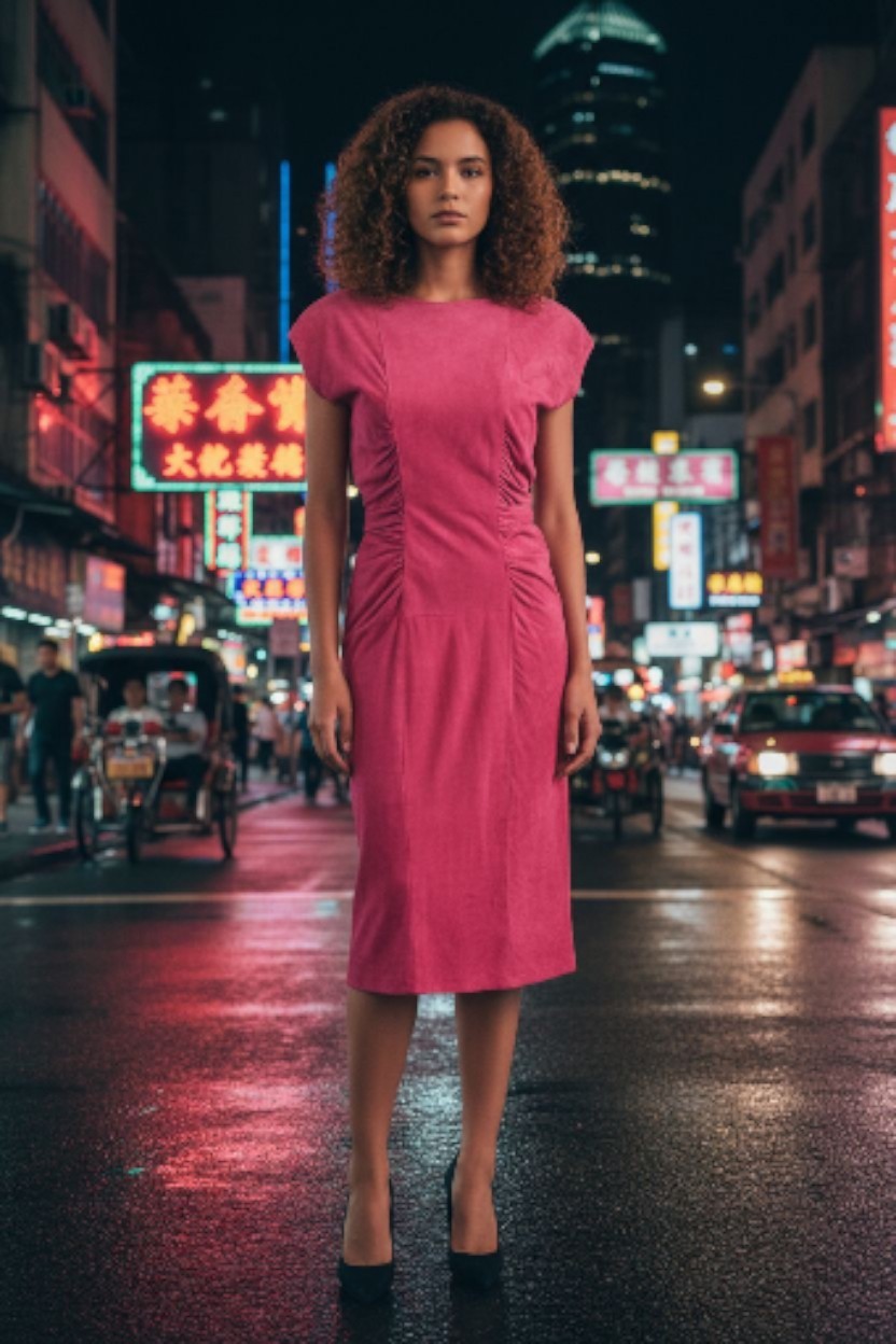 Vintage Vakko Pink Kid Suede Hourglass Midi Ruched Bodycon Dress W25″