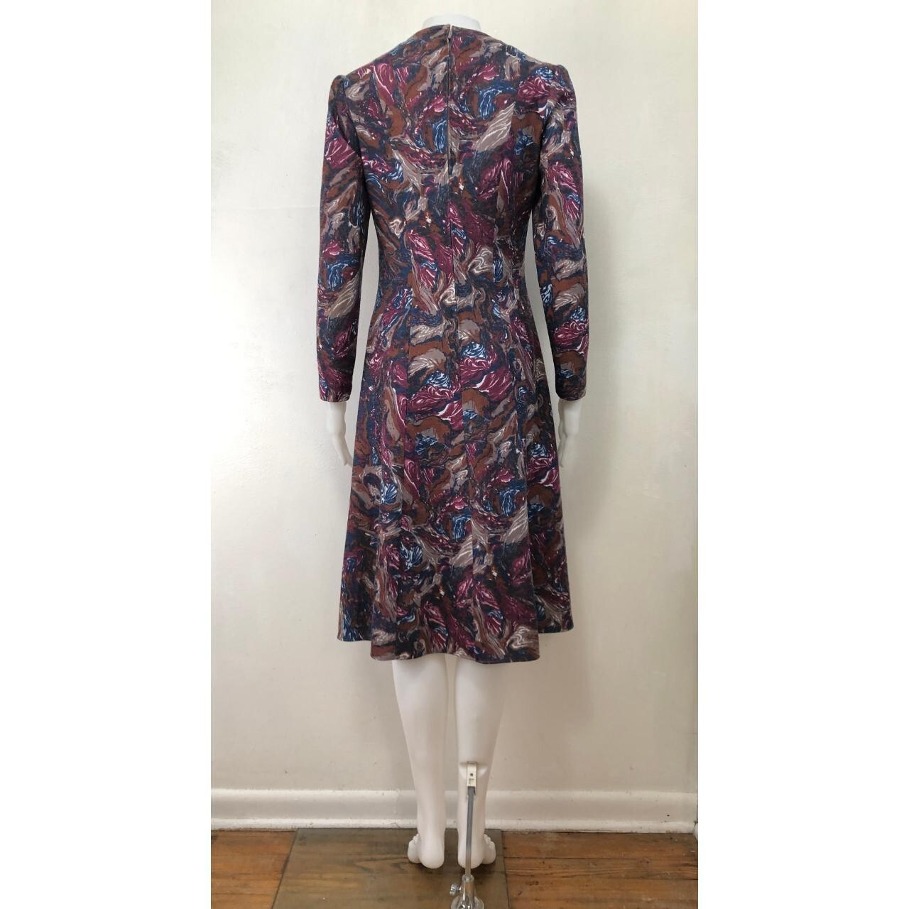 Vintage Abstract Print Dress Size Small 1980s Fine Knit Colorful Poly/Wool Blend