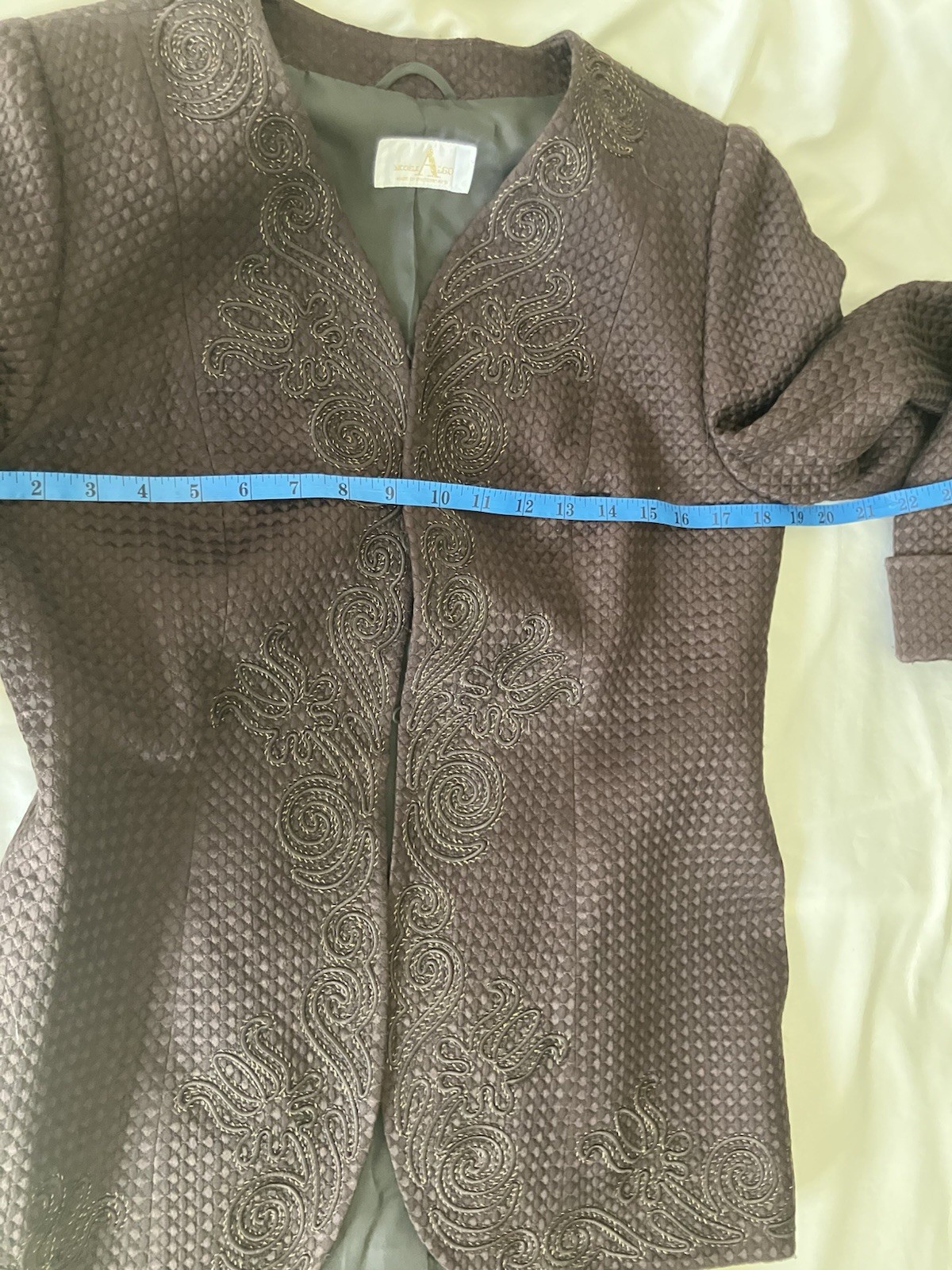 Vintage 80s Modele Algo Swiss Silk Wool Embroidered 2 Pc Skirt Suit Sz 42