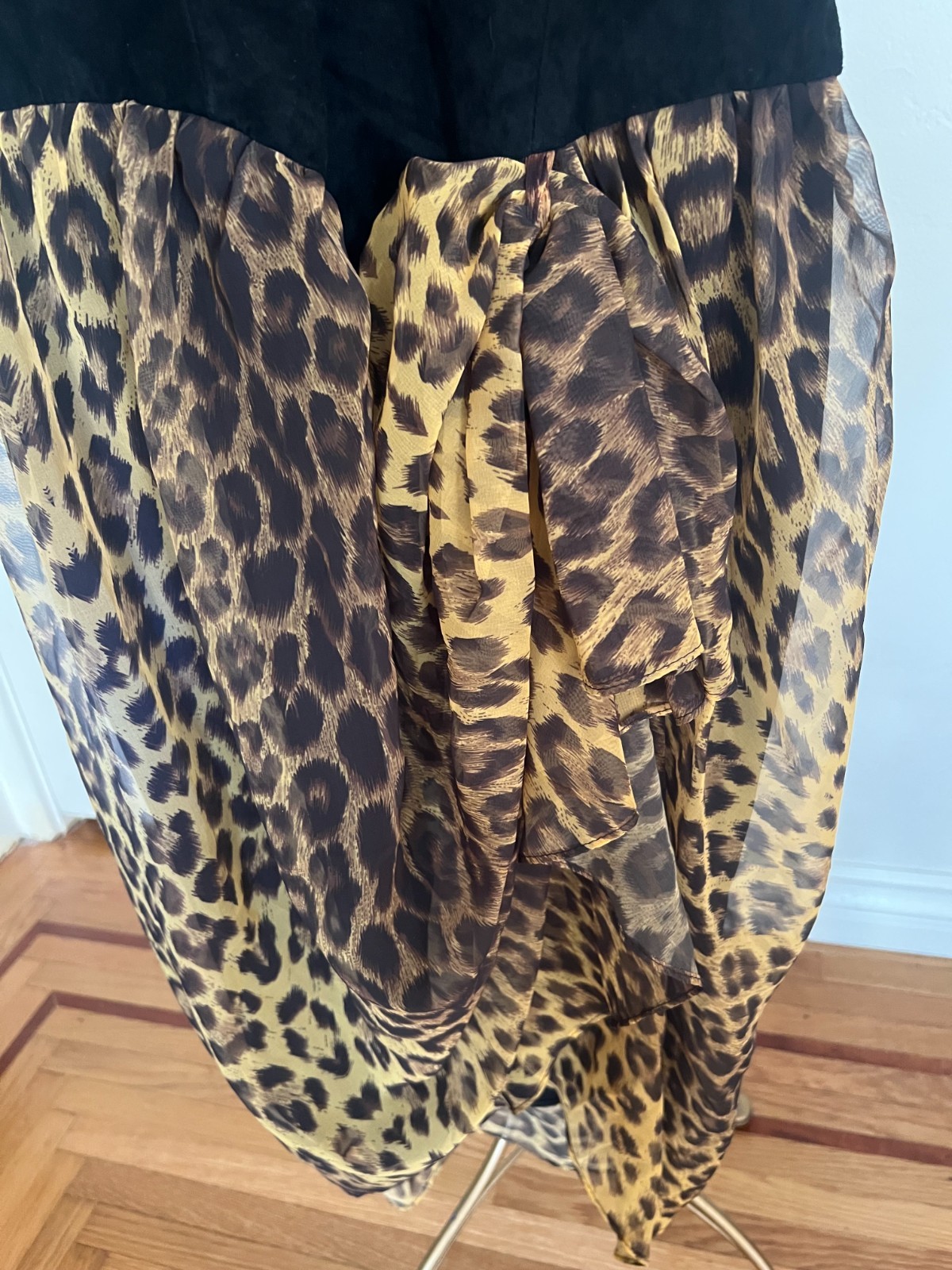 VTG 80s Climax Karen Okada for David Howard Leopard Chiffon & Suede Bodice 11/12