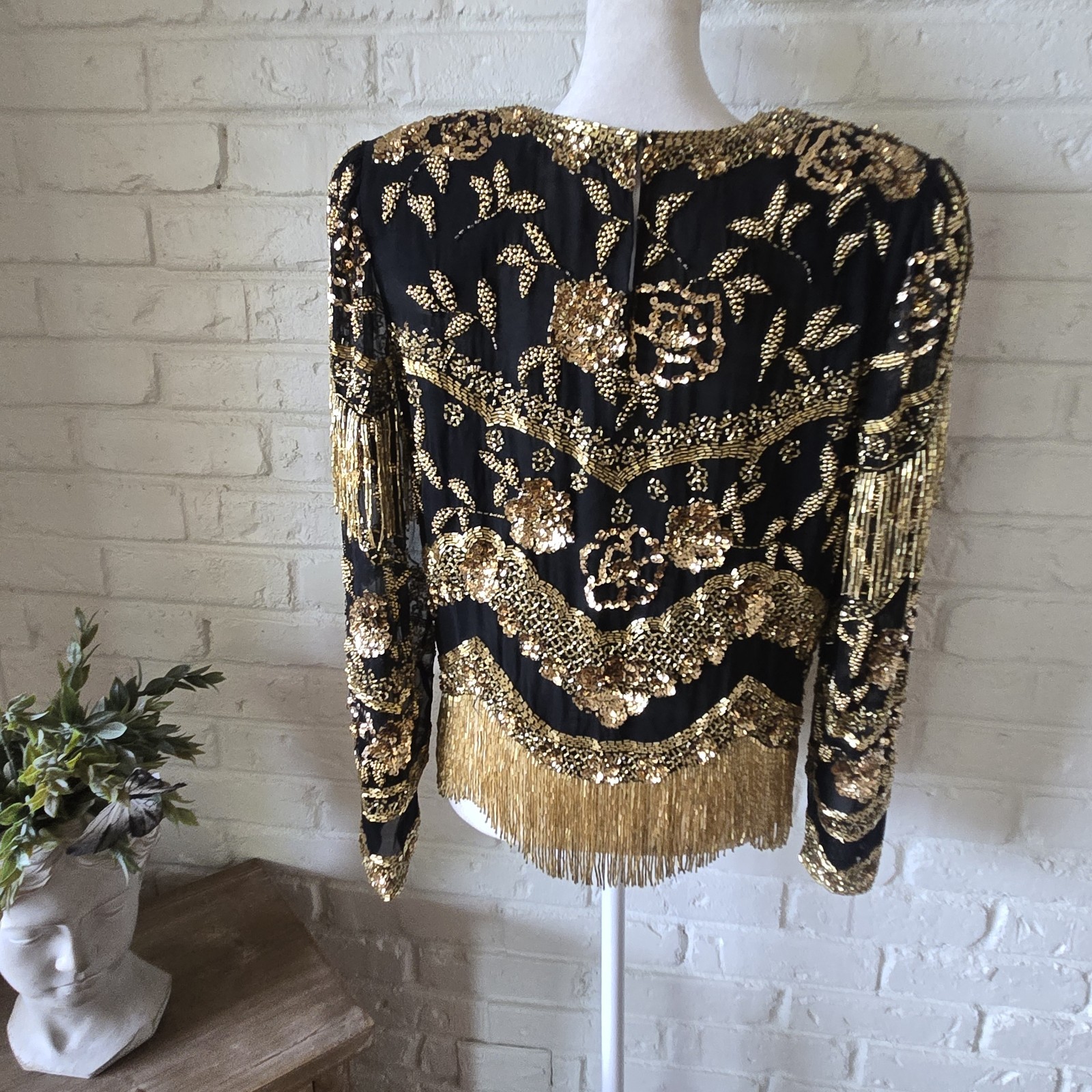 Vtg 80s 100%Silk Gold Embellished Top By Black Tie, S, Party, Formal