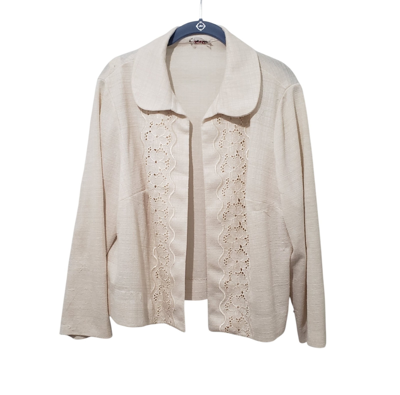 VTG AMY ADAMS Cream Open-Front Knit Jacket with Crochet Trim | Large