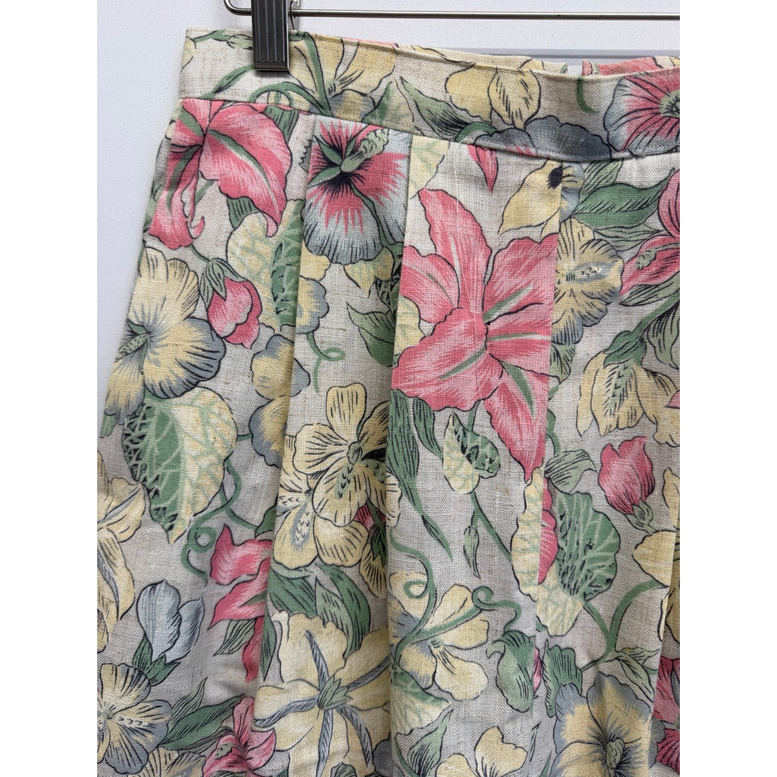 Vintage Handmade 80s Pleated Skirt Floral Cream Linen Pockets Cottagecore